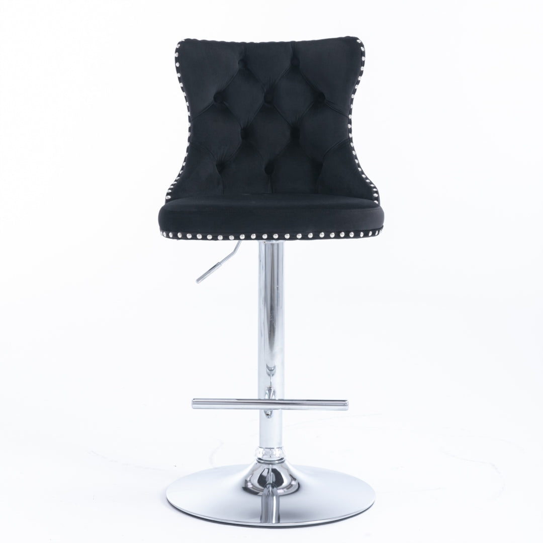 Adjustable Height Swivel Bar Stool with Footrest - Velvet Upholstery & Chrome Base - Modern Kitchen Island & Home Bar Stool - Black