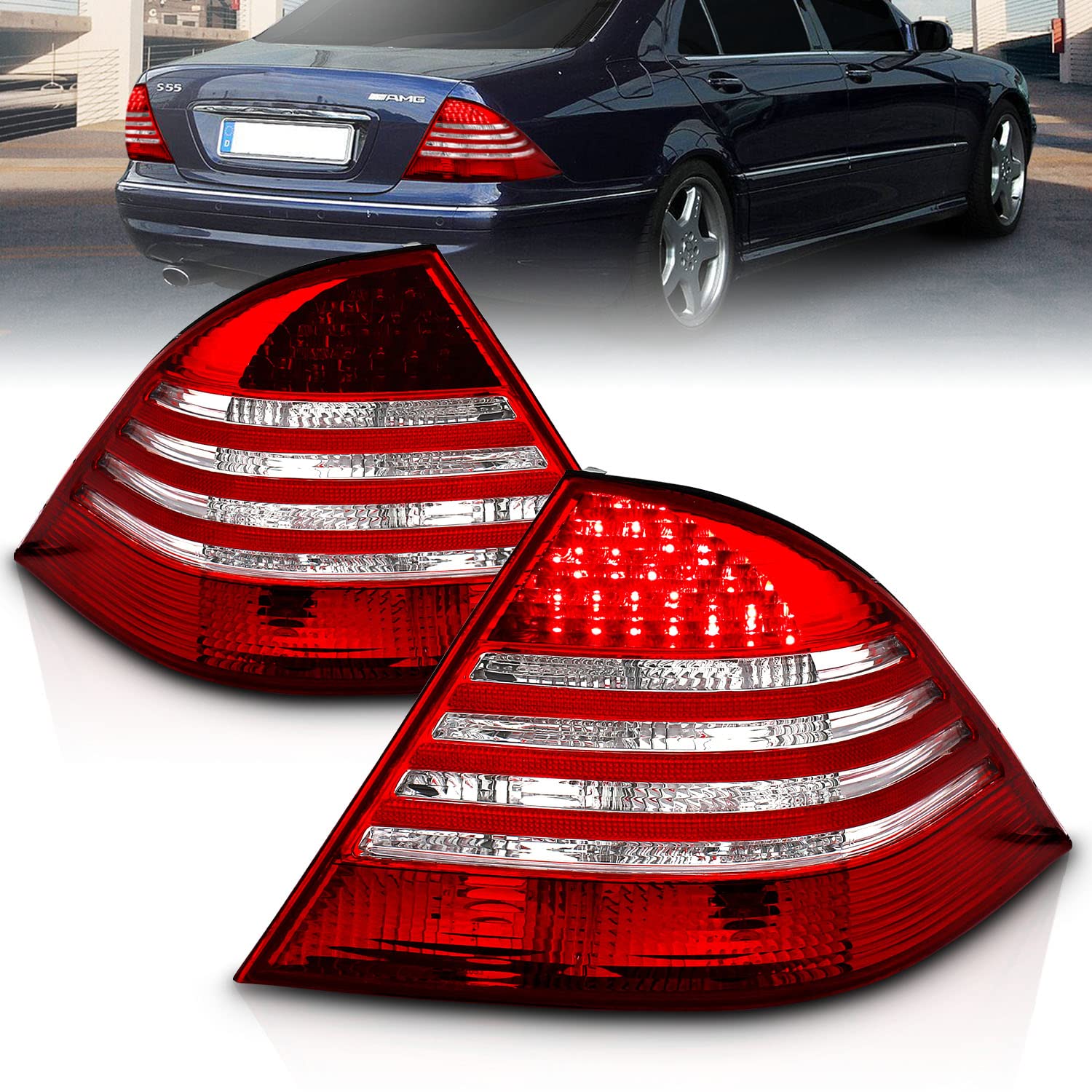 AmeriLite LED Taillights Red/Clear Compatible with Mercedes Benz S Class W220 1999-2005 - Left & Right Side Pair - Enhanced Visibility & Style for Night Driving & Car Customization