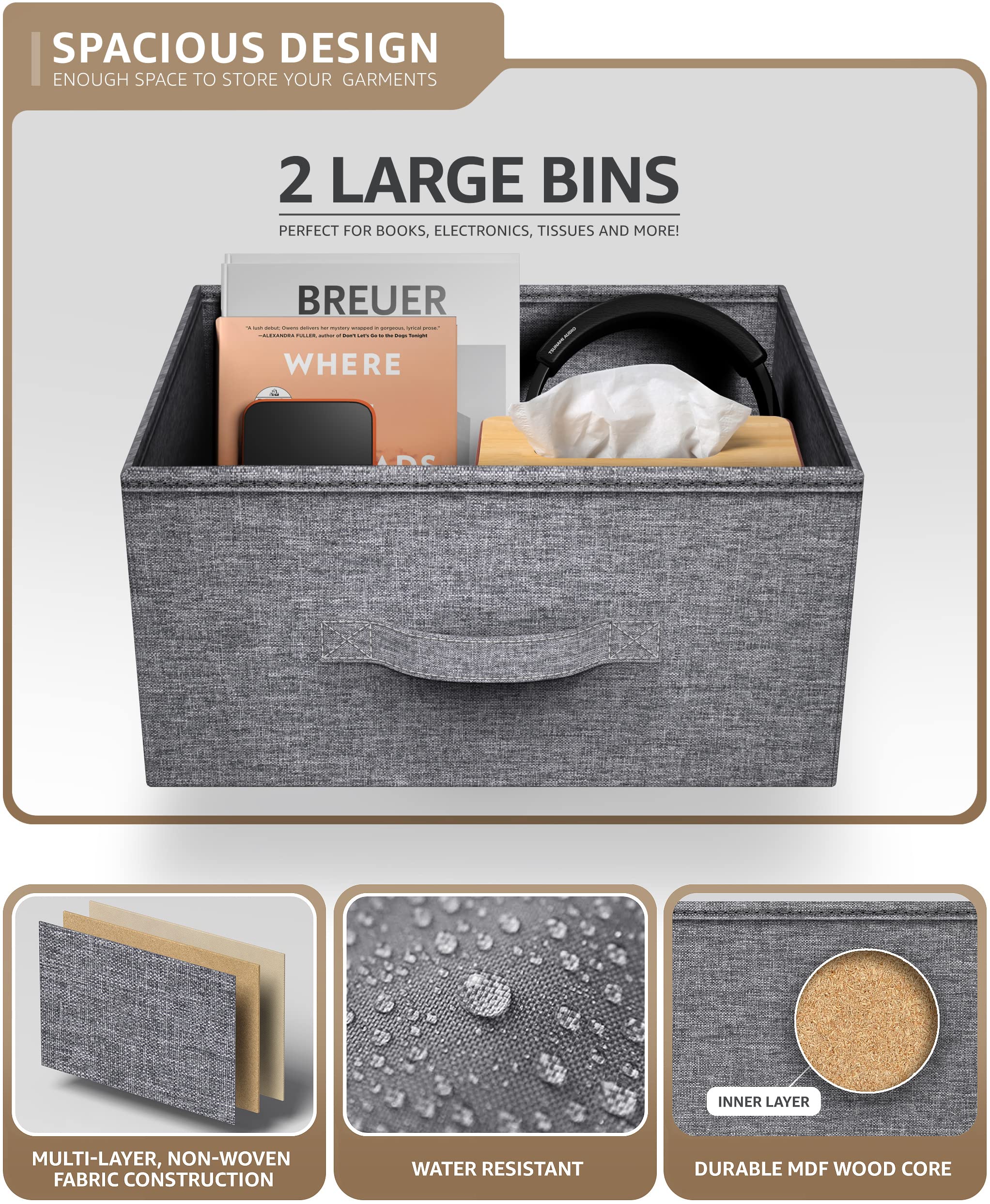 Sorbus 2-Drawer Nightstand with Steel Frame & Wood Top - Easy Pull Fabric Bins, Compact Bedside Table for Bedroom, Home & Office - Perfect for Small Spaces, Apartment Living & Guest Rooms