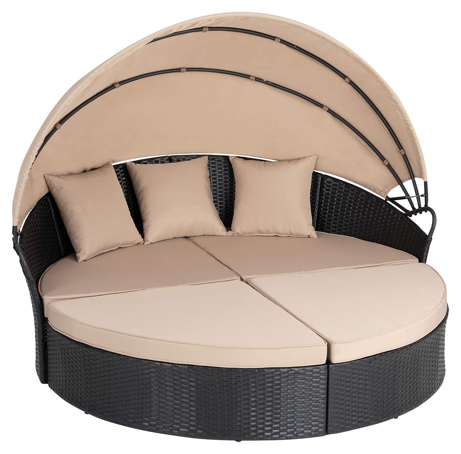 Walsunny Outdoor Round Daybed with Retractable Canopy - Wicker Rattan Patio Furniture for Backyard, Poolside & Garden - Cushioned Seating with Separate Seats | Perfect for Sunbathing, Lounging and Outdoor Relaxation