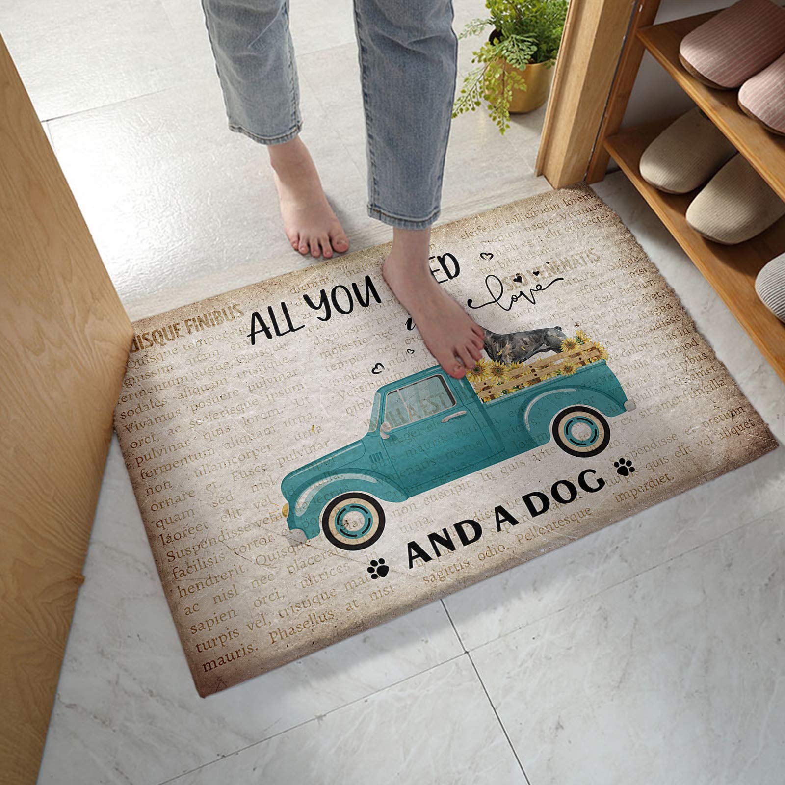 Non-Slip Fluffy Shag Bath Rug with Retro Farm Truck & Sunflowers Design - Soft Plush Absorbent Doormat for Bathroom, Bedroom, Kitchen & Indoor Entrance - Perfect Vintage Backdrop for Dog Lovers & Home Decor