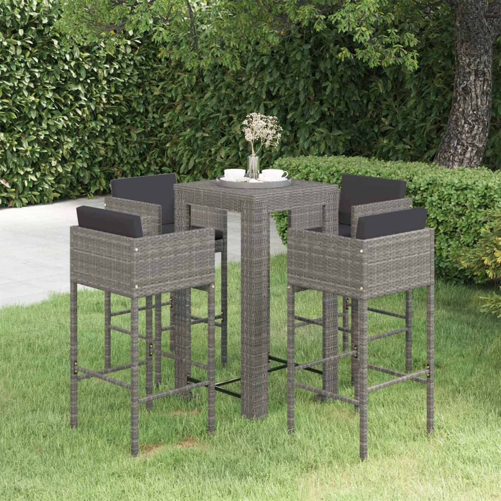 Tidyard 5-Piece Patio Bar Set with Table, 4 Stool Chairs, Footrest & Cushions - Gray Poly Rattan & Steel Frame Outdoor Furniture for Terrace, Balcony, Garden | Perfect for Entertaining, Lounging & Outdoor Dining