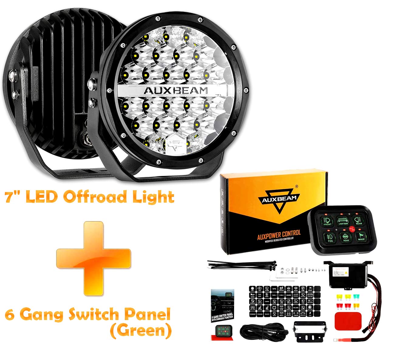 Auxbeam 7 Inch LED Offroad Lights with 6 Gang Switch Panel & Relay Control Box - Universal Waterproof LED Light Bar for Trucks, Jeeps, ATVs - Perfect for Off-Roading, Camping & Night Driving