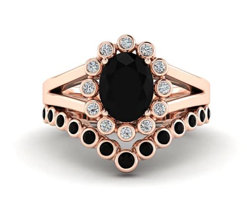 14K Gold Black Diamond & Onyx Vintage Wedding Ring Set - Oval Black Stone Engagement & Bridal Jewelry for Women - Perfect for Unique Promise Rings, Anniversaries & Special Occasions