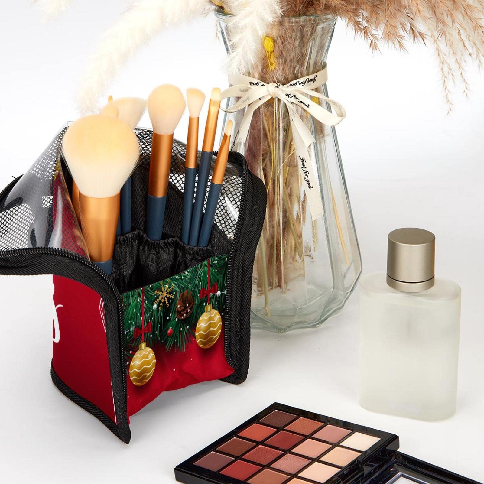 12-Piece Makeup Brush Organizer Bag with Christmas Design - Portable Travel Cosmetic Brush Holder Case for Makeup Artists & Beauty Enthusiasts - Perfect for Holiday Gifts, Home Storage & On-the-Go Touchups