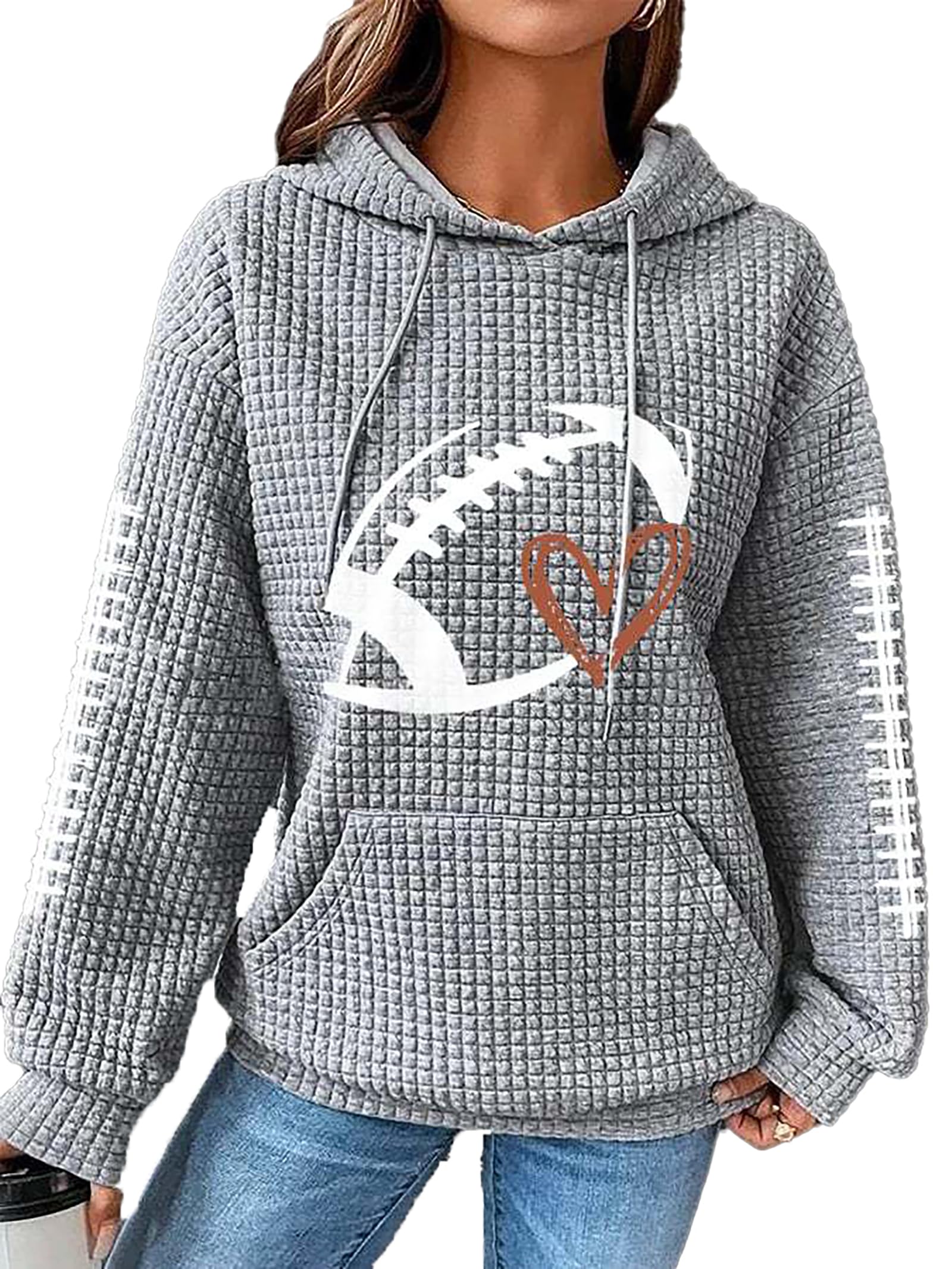 Women's Waffle Knit Hoodie - Football Game Day Graphic Long Sleeve Pullover Sweatshirt for Casual Wear, Tailgating & Football Season Outfits