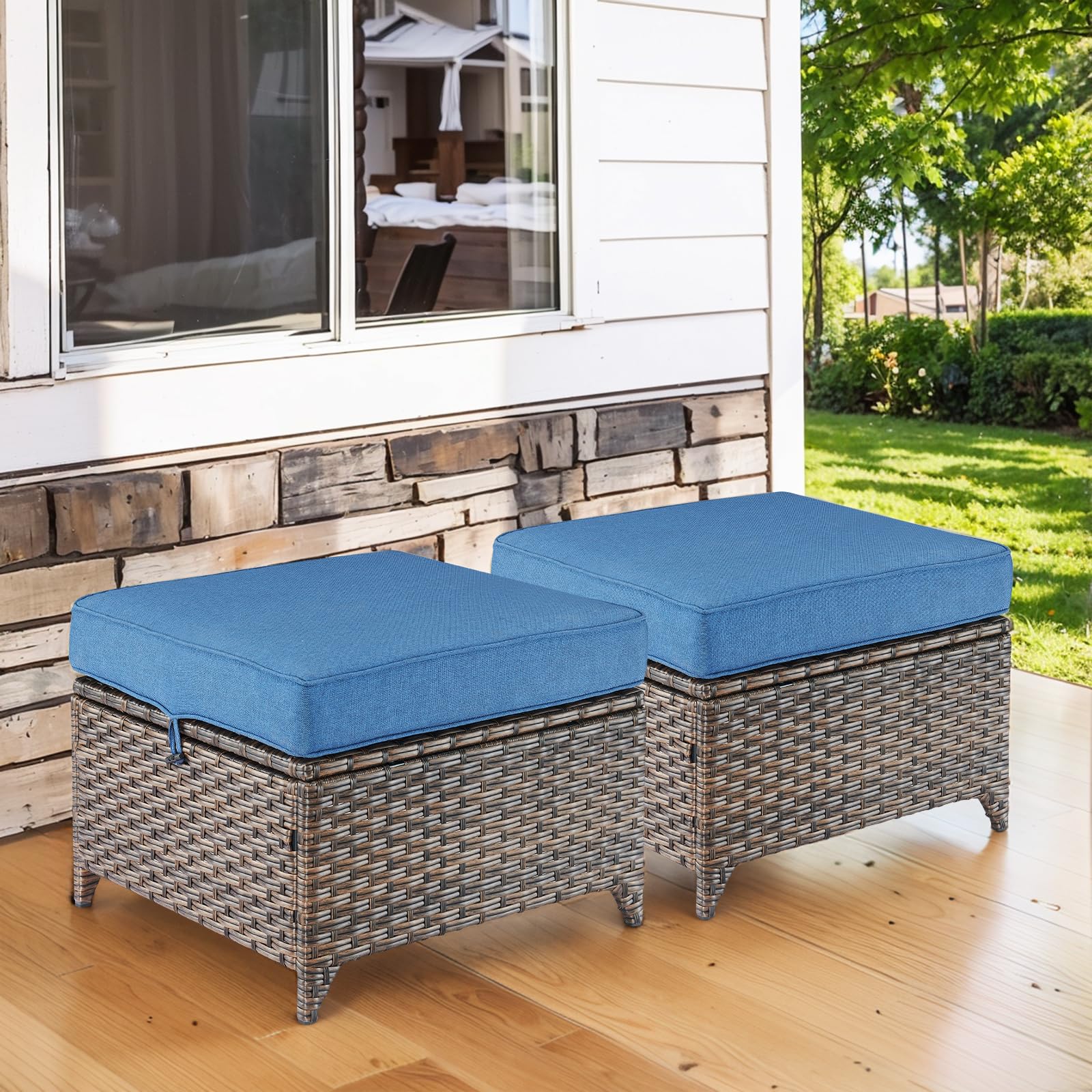 Heavy Duty Outdoor Wicker Ottomans - Weather-Resistant Rattan Footrest Stool for Porch, Balcony, Backyard, Deck & Apartment (Brown/Blue) - Perfect for Relaxing, Reading & Outdoor Entertaining