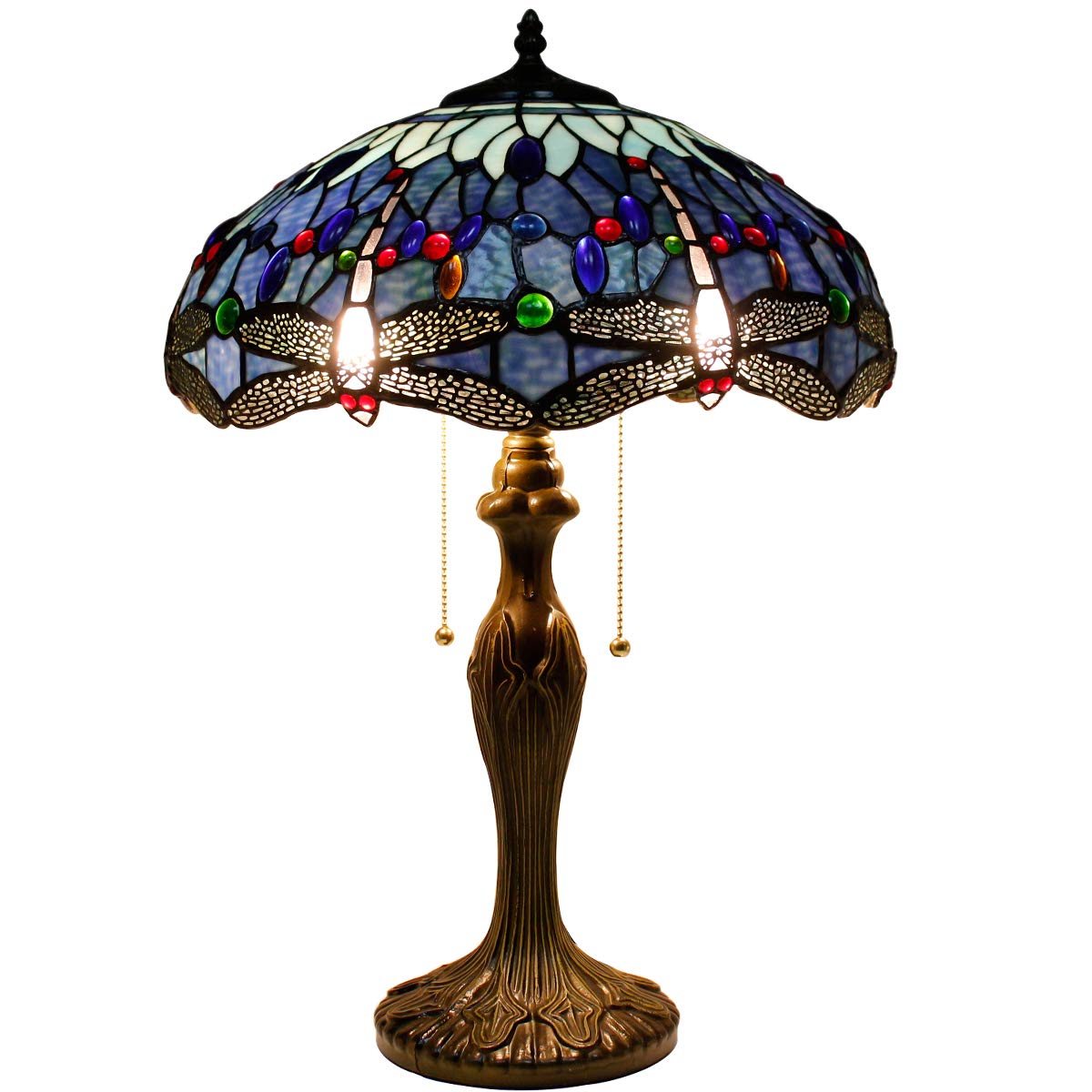 Tiffany Style Table Lamp - Blue Stained Glass Dragonfly Design with Metal Base, 16x16x24 Inches, Bedside Desk Reading Light for Bedroom, Living Room & Home Office Decor | Perfect for Cozy Reading Nooks & Elegant Home Accents (S004 Series)