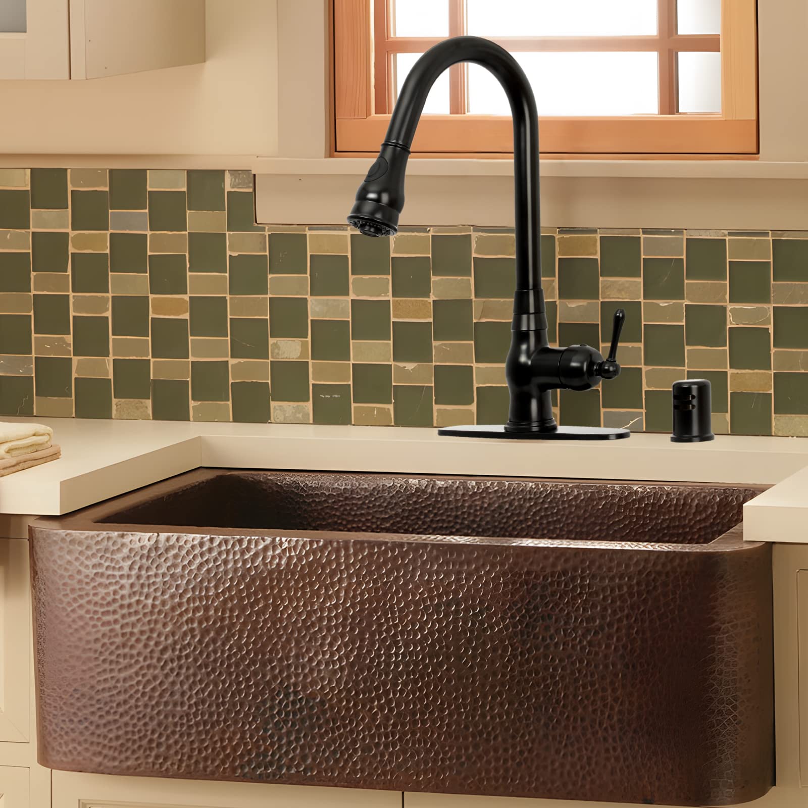 Akicon Matte Black One-Handle Pull-Down Kitchen Faucet with Deck Plate - Solid Brass Durable Design for Modern Home Kitchens and Sinks