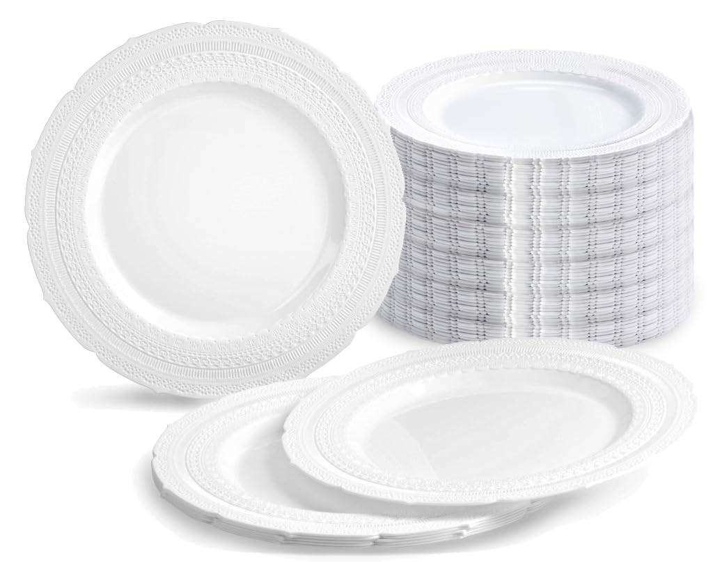 240-Pack Heavyweight Vintage Disposable Plastic Plates - 8.25'' Appetizer & Dessert Plates in Chateau White for Weddings, Parties & Special Occasions - Elegant & Durable Tableware for Catering Events, Birthday Celebrations & Family Gatherings