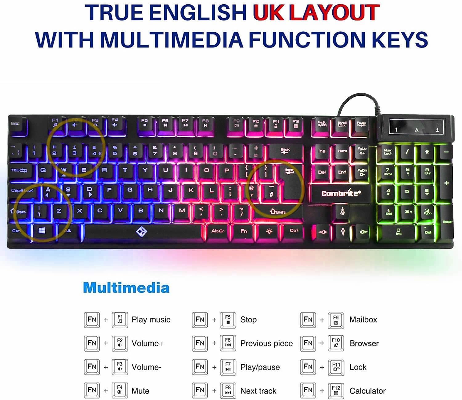 Combrite Raptor Gaming Keyboard and Mouse Set with Large Mouse Pad, RGB LED Backlit, USB Wired Desktop Combo, UK Layout - for PC, Laptop, PS4, Xbox One (Black) - Perfect for Gaming, Office Work, and Home Entertainment