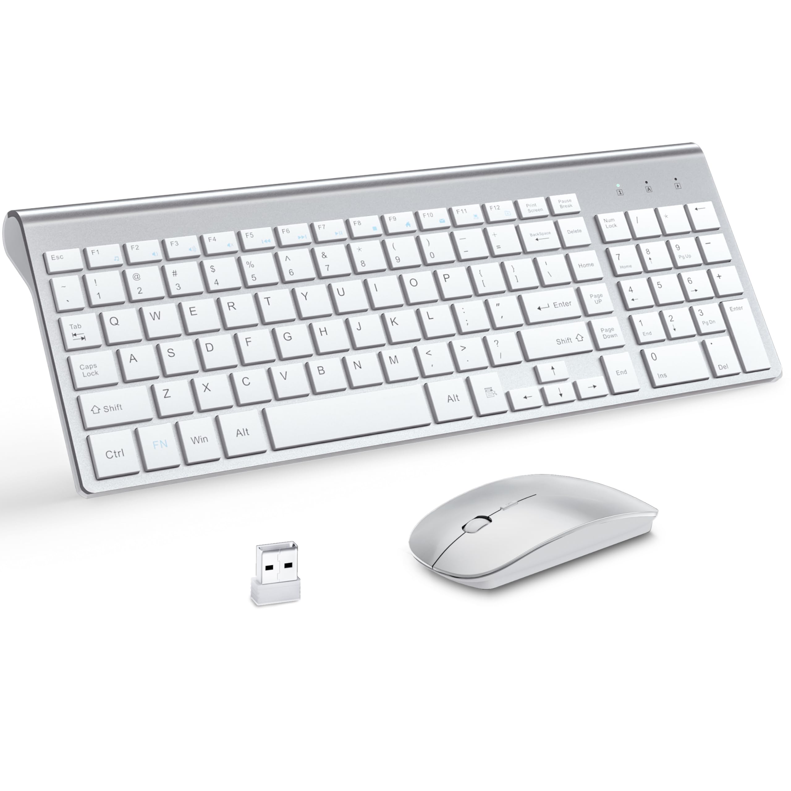 MOOJAY Ultra Slim 2.4G Wireless Keyboard and Mouse Combo with Mouse Pad - Quiet Scissor Switch USB Keyboard & Mouse Set with Protective Cover, Includes 2 AA & 2 AAA Batteries - Compatible with Laptop, PC, Windows (Silver White) | Perfect for Home Office, Gaming & Remote Work