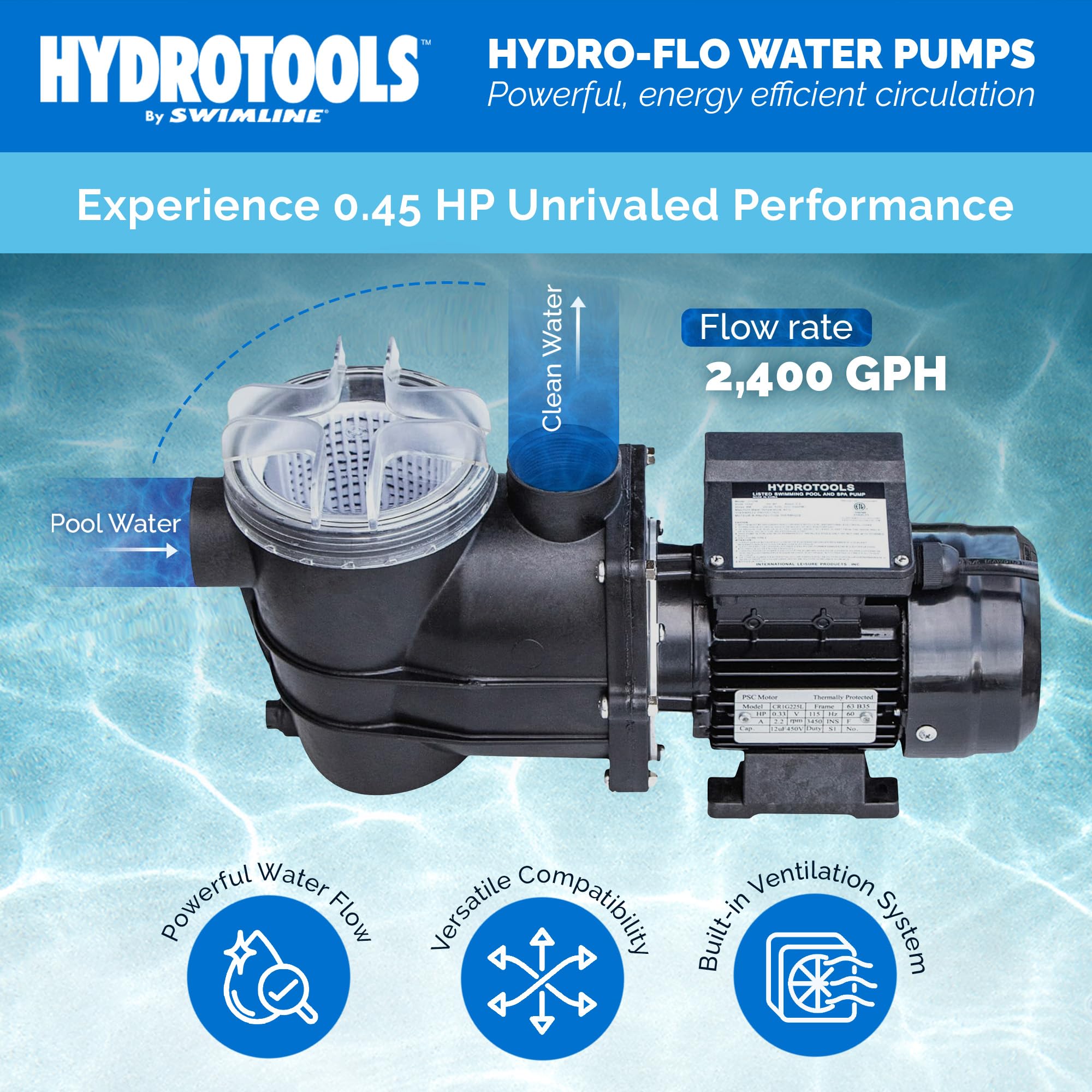 SWIMLINE HYDROTOOLS 0.45 HP Above Ground Pool Pump | 2400 GPH Vertical Discharge Filter Pump with Strainer Basket | 115V Single Speed Quiet Operation DOE Certified | Perfect for Backyard Swimming Pools and Spa Maintenance