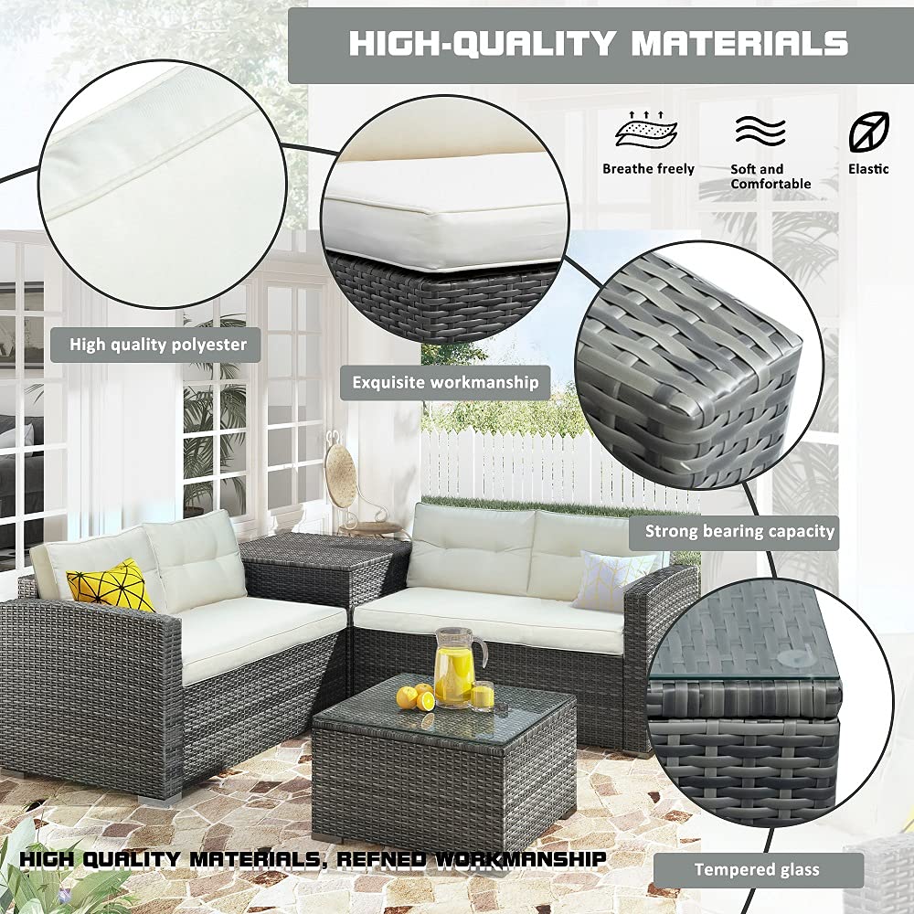 4-Piece All-Weather Rattan Patio Furniture Sofa Set with Storage Box & Cushions - Outdoor Conversation Sectional for Garden, Poolside, Deck - Beige