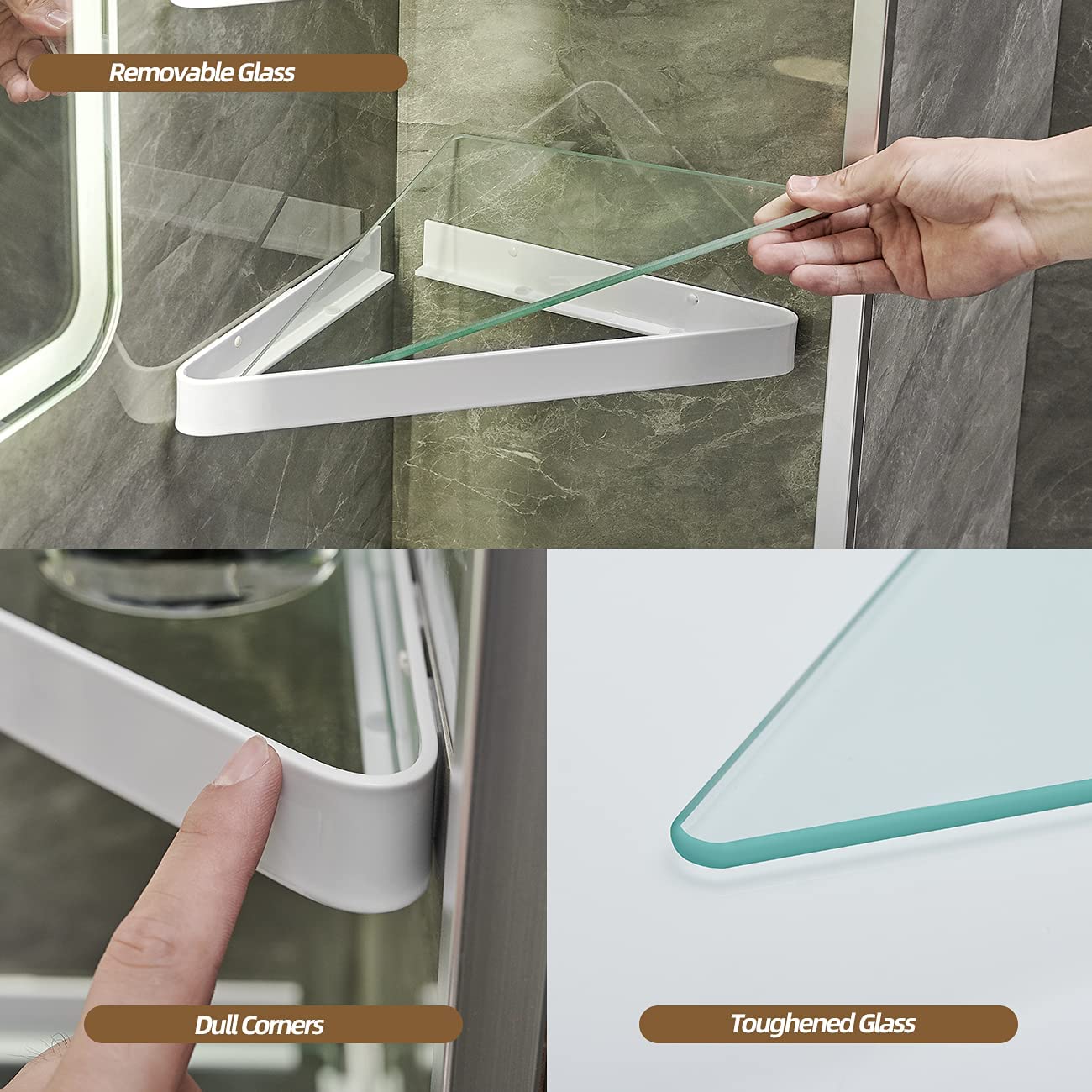 VOLPONE 2-Tier Wall Mounted Bathroom Shelves - Tempered Glass Corner Floating Shelf for Bathroom Storage & Organization (White) - Perfect for Shower Caddies, Soap Dispensers & Towel Storage