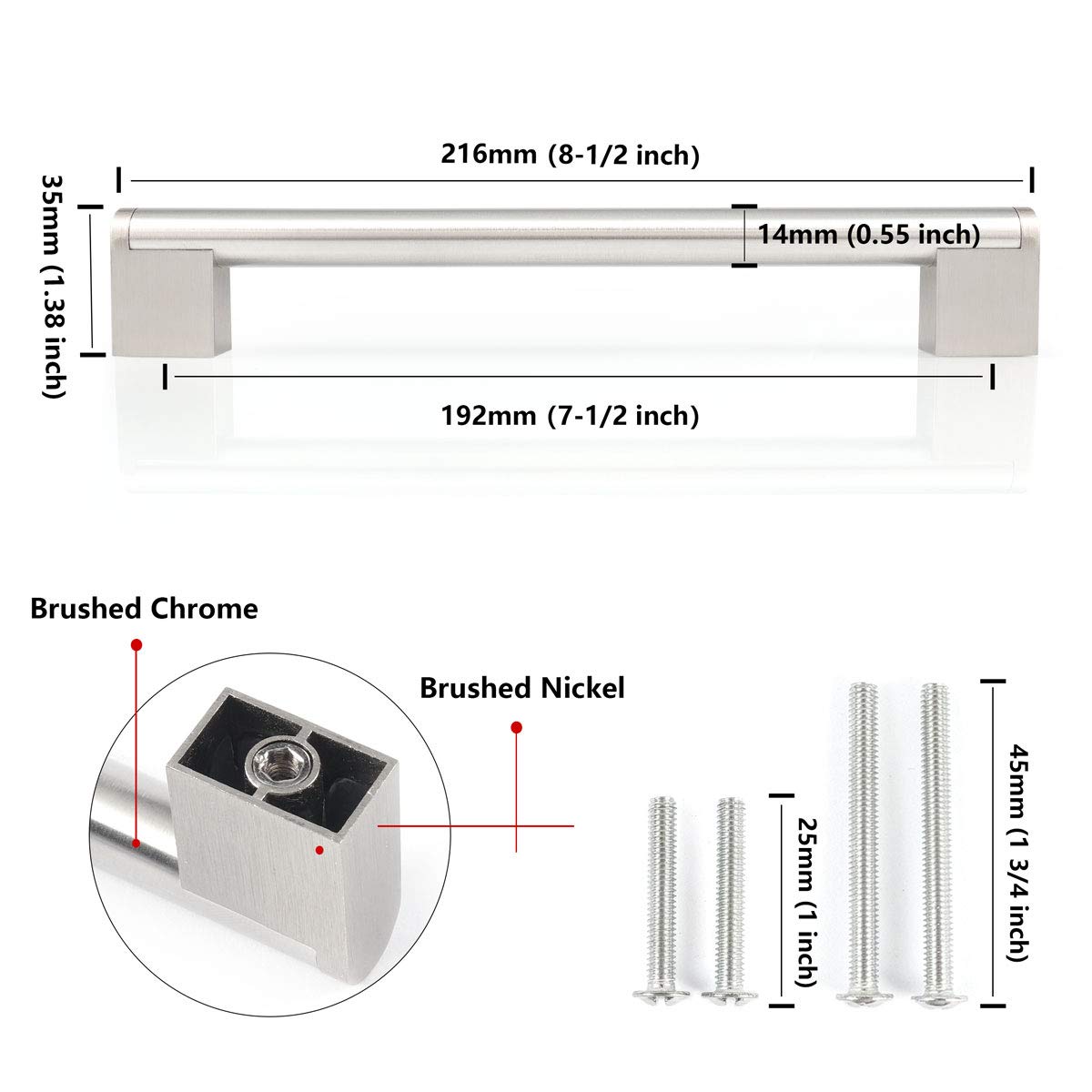 FULGENTE 10 Pack Brushed Nickel Square Cabinet Handles - Stainless Steel Drawer Pulls for Kitchen & Bathroom Cabinets (7-1/2