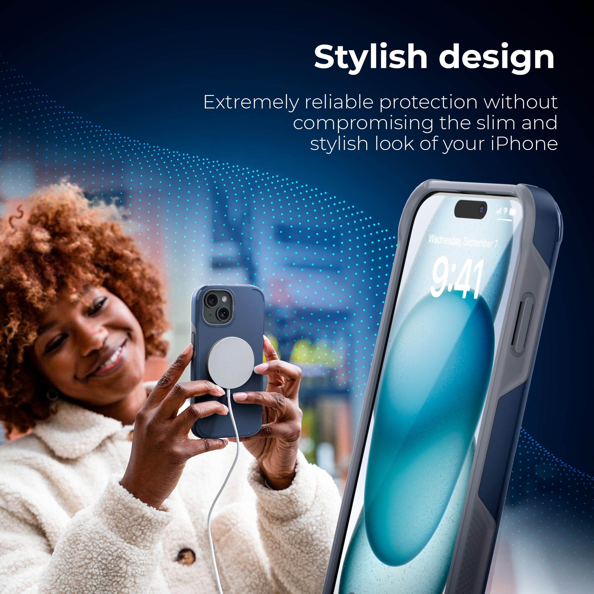 Shockproof Hybrid Rugged Protective Case for iPhone 15/14 - MagSafe Compatible, Heavy-Duty Drop Protection, Non-Slip Grip, Magnetic Phone Cover (Dark Blue) | Perfect for Outdoor Activities, Work & Daily Use