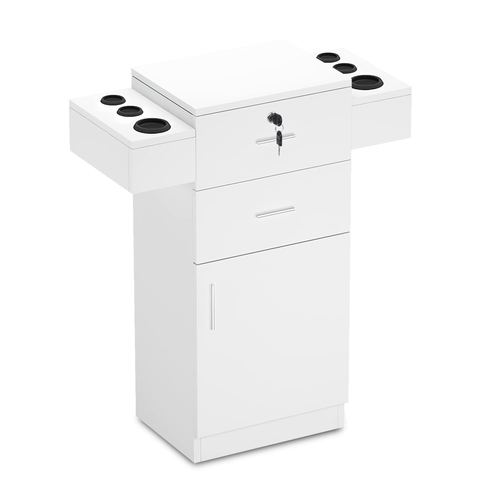 Paddie Locking Salon Storage Cabinet for Hair Stylists - Professional Barber Station with 6 Hair Dryer Holders & 2 Drawers - White Beauty Spa Equipment for Salon Organization & Styling Station Setup