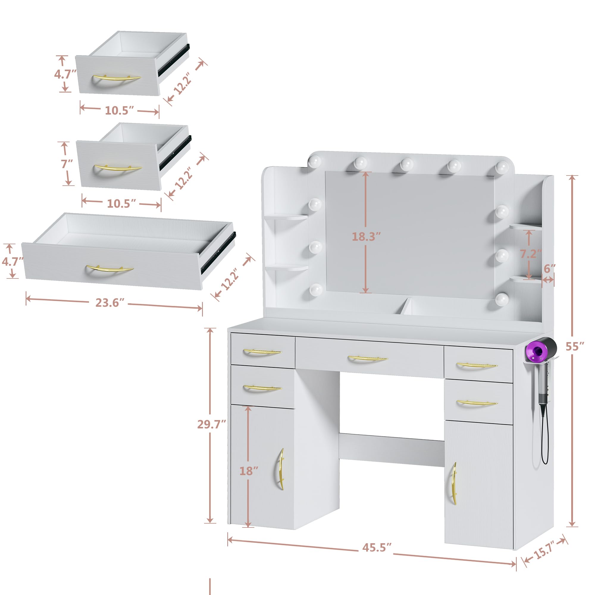 White Makeup Vanity Desk with LED Lights & Mirror - 3 Light Settings, Power Outlet, 5 Drawers & 2 Cabinets - Bedroom Vanity Table with Shelves for Cosmetics & Jewelry Organization | Perfect for Makeup Application, Dressing Area & Home Decor