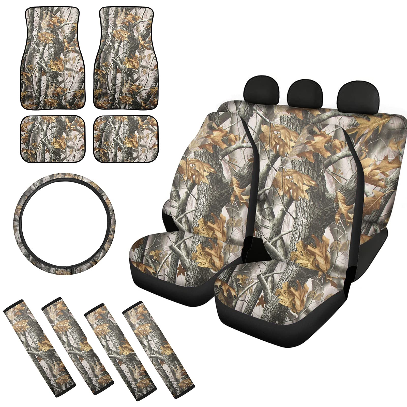 Deeprinter Hunting Camouflage Print Auto Front & Back Seat Cover Set with Stretchy Steering Wheel Cover, Seat Belt Pads & Car Floor Mats - Universal Fit for Most Vehicles & Trucks - Perfect for Hunting, Camping & Outdoor Adventures