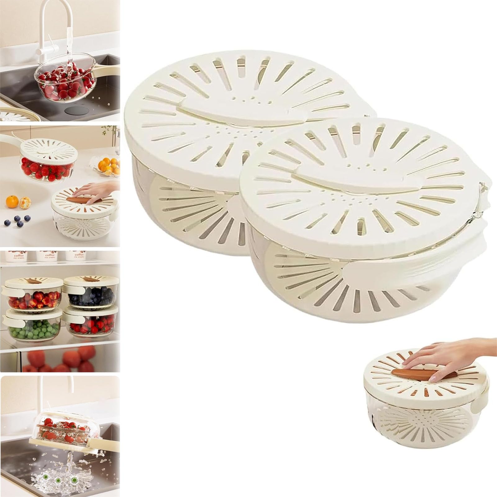 2-in-1 Multifunctional Fruit and Vegetable Washing Bowl with Drainer & Strainer - White Kitchen Colander for Fresh Produce Cleaning (Set of 2) - Perfect for Washing Berries, Salads, and Meal Prep