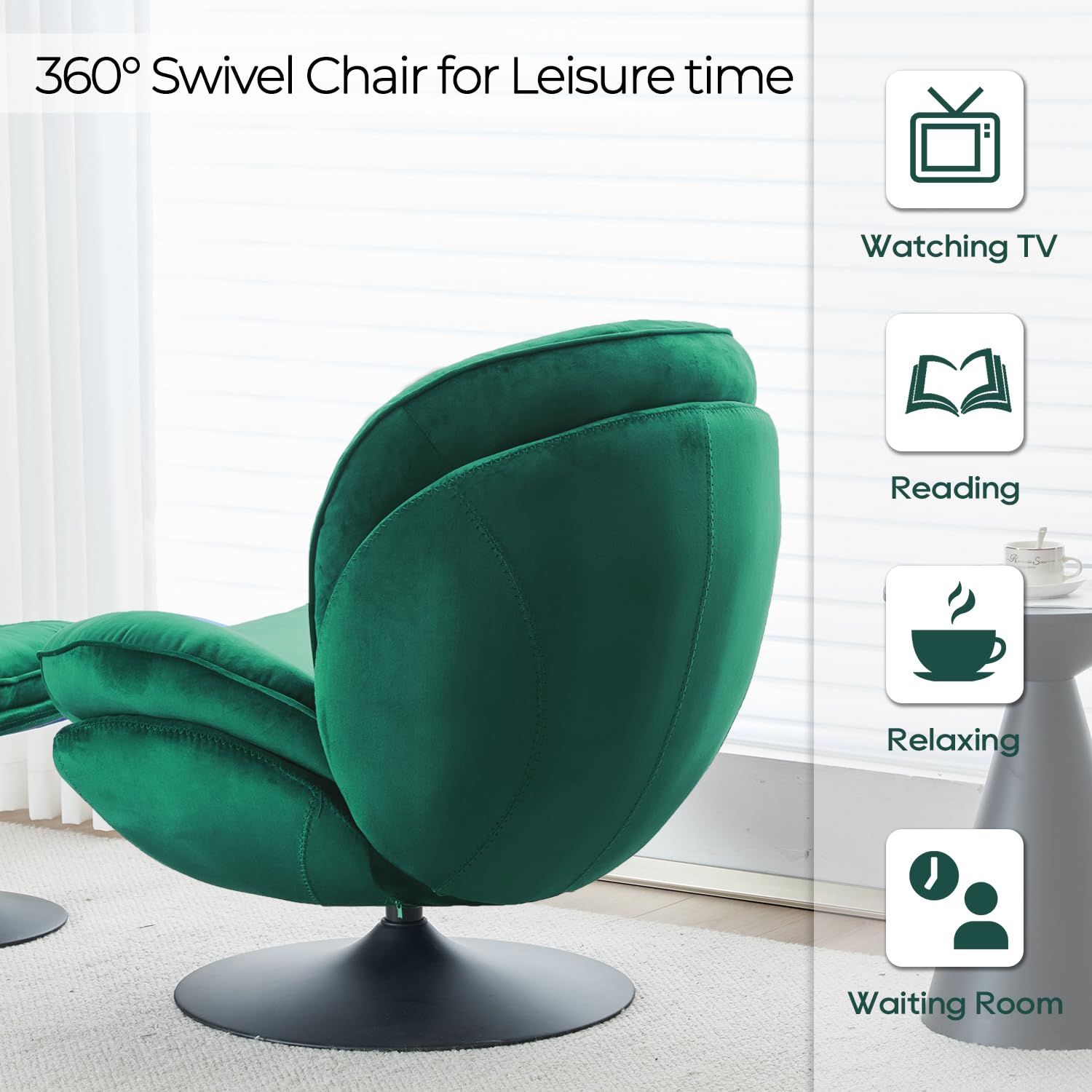 Velvet Swivel Accent Chair with Ottoman Set - Modern Tufted Armchair with Footrest for Living Room & Bedroom - 360 Degree Swiveling Lounge Chair for Adults - Comfortable Reading & TV Watching Chair - Green Velvet Upholstery - Perfect for Relaxing, Entertaining & Small Space Decor