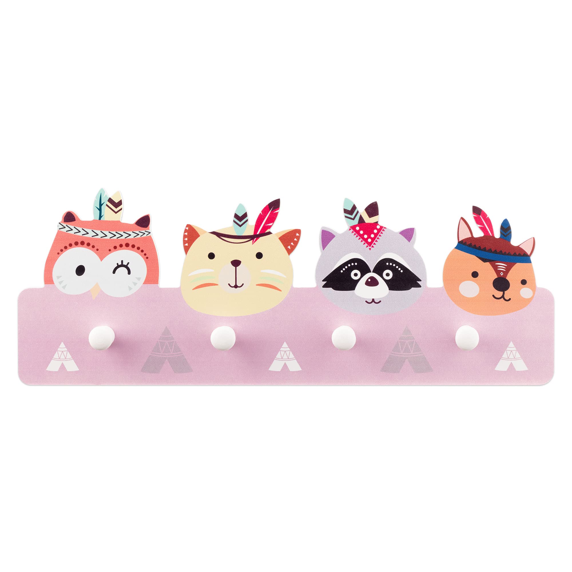Navaris Kids Coat Hooks Rack - Wooden Wall Mounted Coat Hanger with 4 Animal Shaped Pegs - Space Saving Children's Closet Organizer for Bedroom, Nursery & Entryway - Perfect for Jackets, Hats & Backpacks