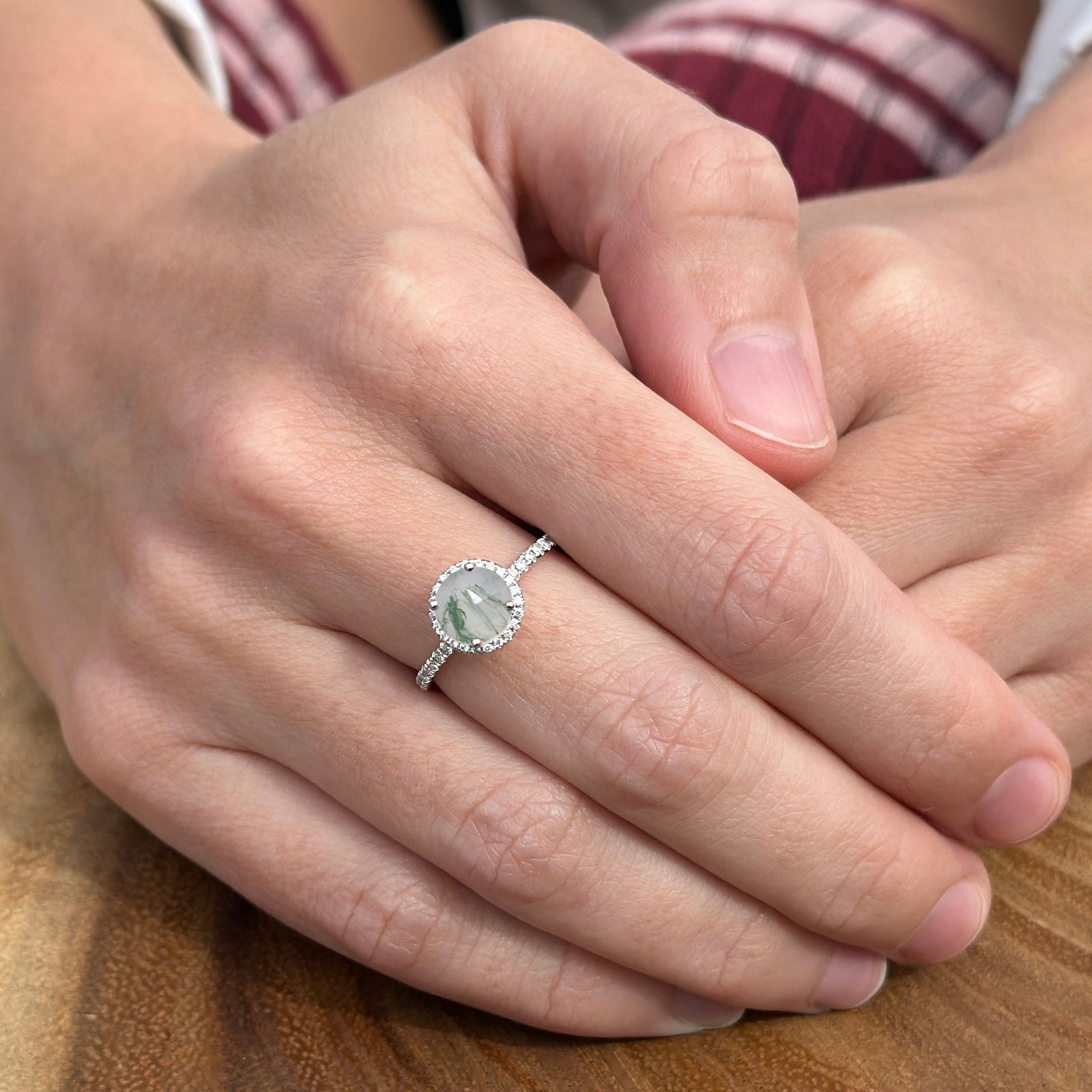 14K Yellow Gold Round Halo Natural Green Moss Agate Diamond Ring for Women - Elegant Wedding, Engagement, Anniversary Jewelry Gift