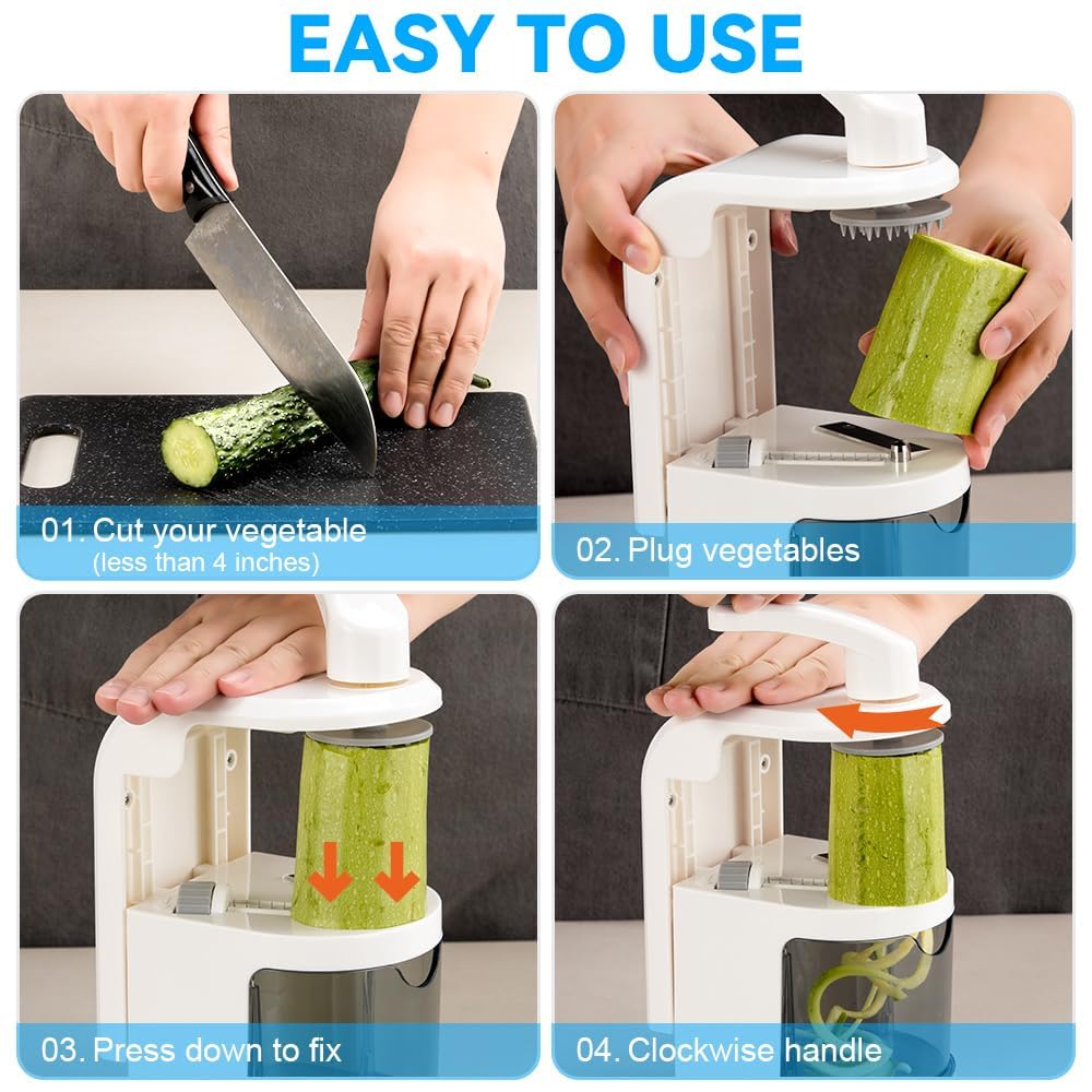 4-in-1 Rotating Blade Vegetable Spiralizer - Zucchini Noodle Maker with Strong Suction Base - Perfect for Healthy Pasta, Salads & Meal Prep (Keto, Vegan, Gluten-Free)