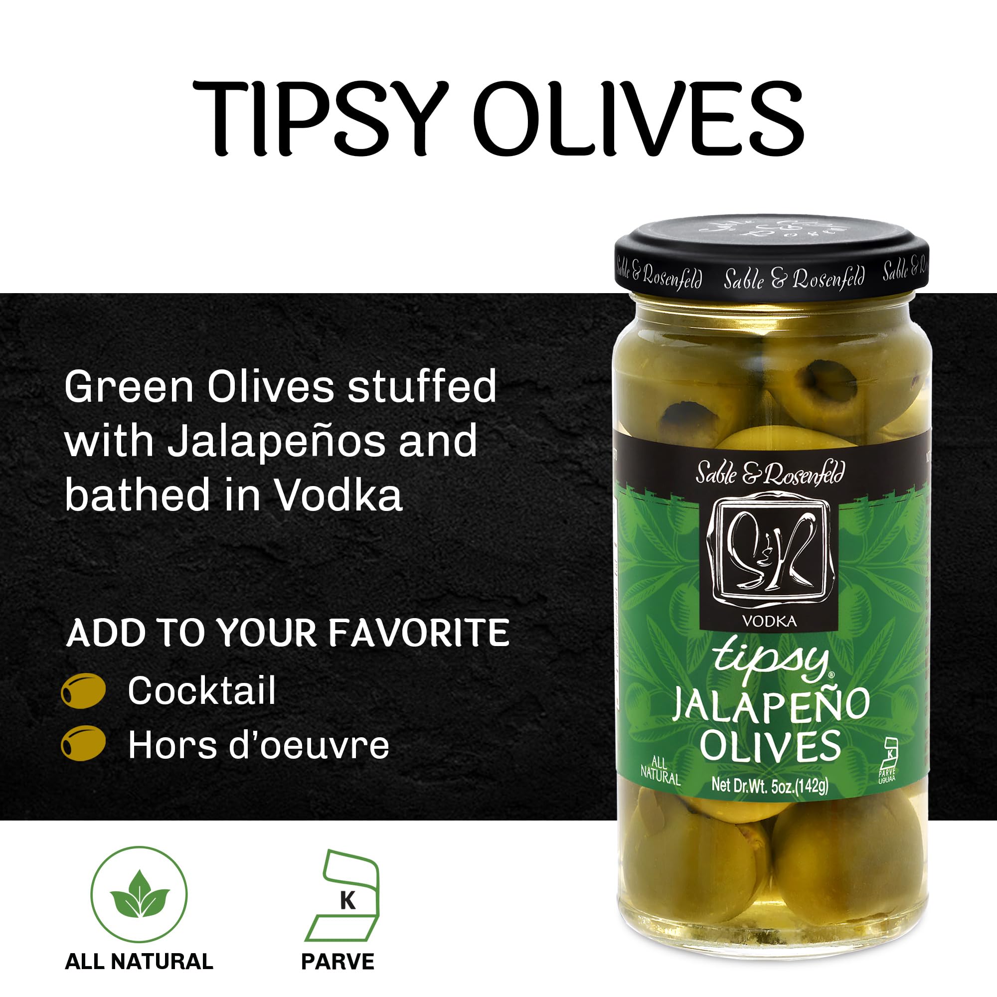 Premium Tipsy Olives - Large Green Olives Stuffed with Jalapeño in Vodka - Perfect for Cocktail Garnish, Bloody Mary, Martini & Charcuterie Boards - Kosher Certified by Sable & Rosenfeld - 5 Oz (Pack of 3) - Great for Parties, Home Bars & Gourmet Gifts