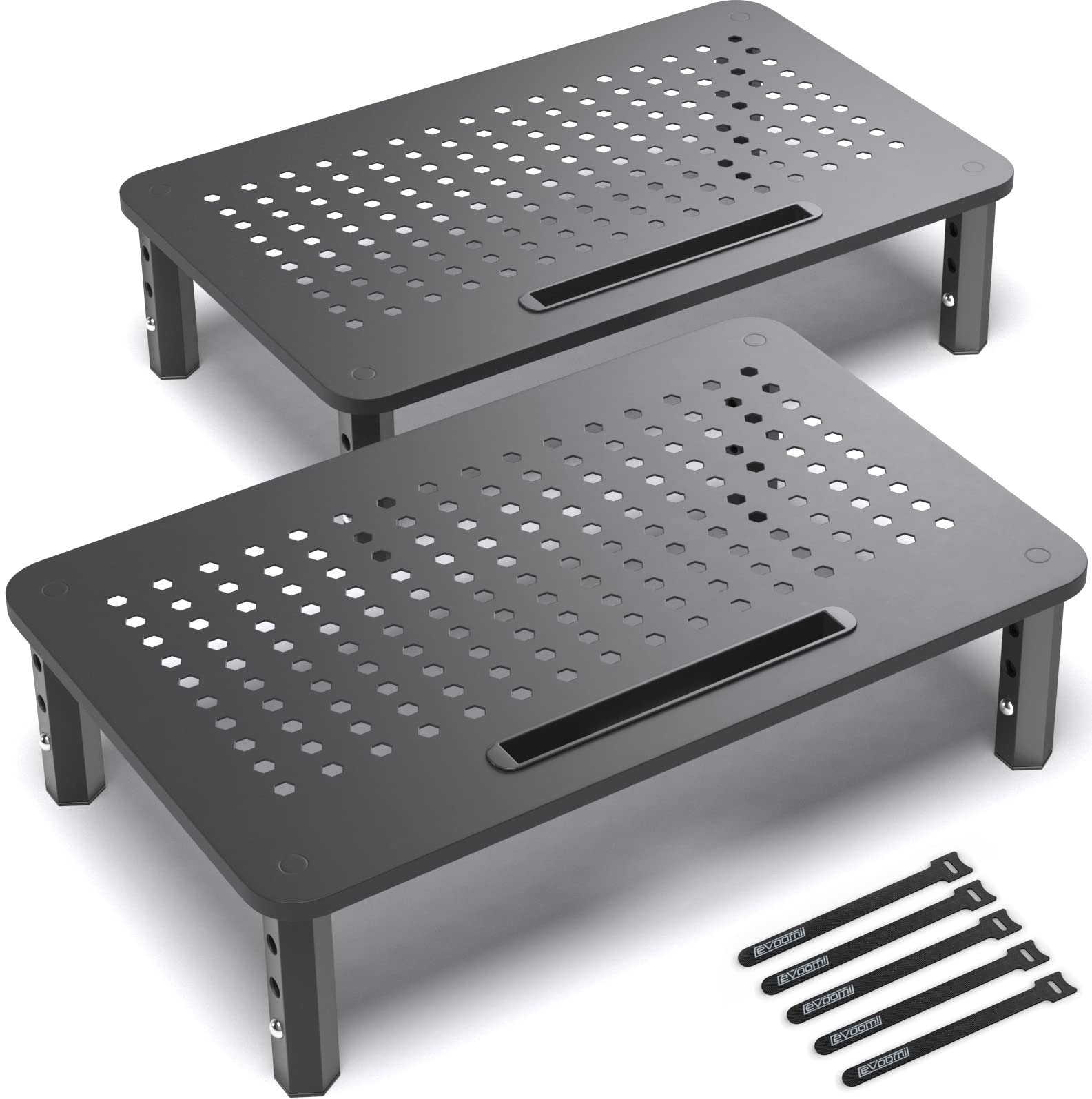 EVOOMI 2-Pack Monitor Stand for Desk - Ergonomic Back Saver Riser with Anti-Skid HD Hexagonal Steel Design - Includes Free Cable Ties - Mesh Metal Computer & Printer Stand (Fits iMac) - Perfect for Home Office, Gaming Setup & Workspace Organization