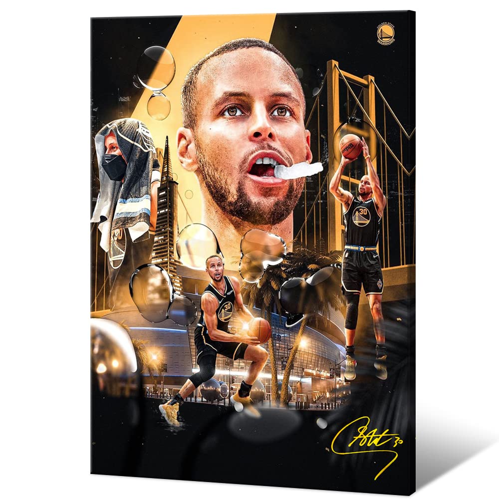 Stephen Curry Autographed Basketball Poster - Golden State Warriors Wall Art - Inspirational Framed Canvas Print 24x36 Inches - Perfect for Home, Office & Man Cave Decor - Great Gift for NBA Fans, Men & Teens