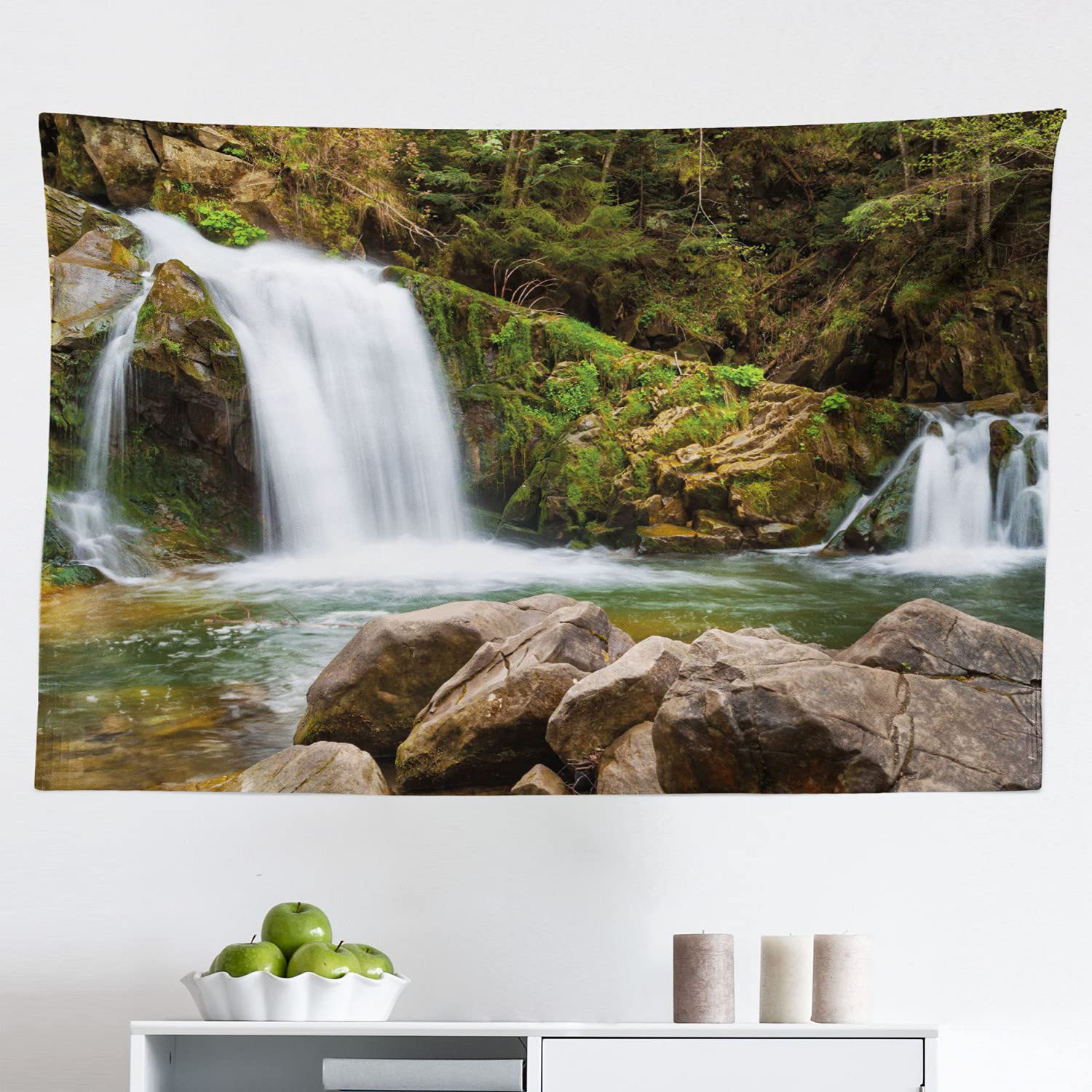 Ambesonne Waterfall Tapestry Wall Art - Mountain Landscape with Mother & Mossy Rocks - 45x30 Inch Green Brown Fabric Wall Hanging for Bedroom, Living Room, Dorm Decor - Perfect for Boho, Nature-Themed Spaces & Meditation Rooms