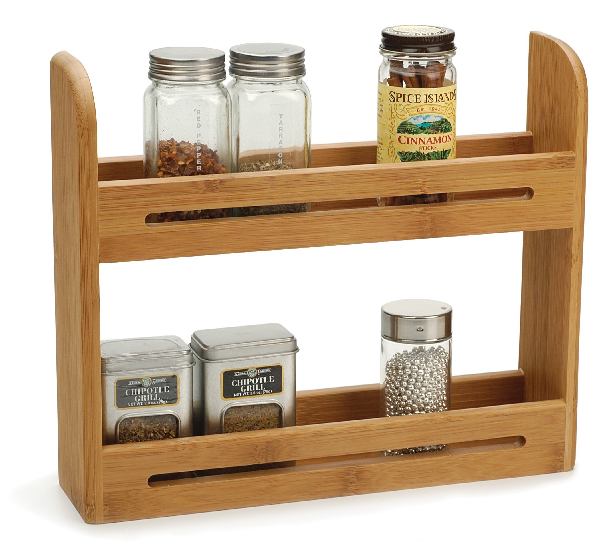 RSVP International Bamboo Spice Rack - 12x2.75x10.25 Inch Kitchen Countertop Organizer - Natural Wood Tabletop Décor for Spices, Jars & Cooking Essentials - Perfect for Pantry, Dining Room & Home Organization
