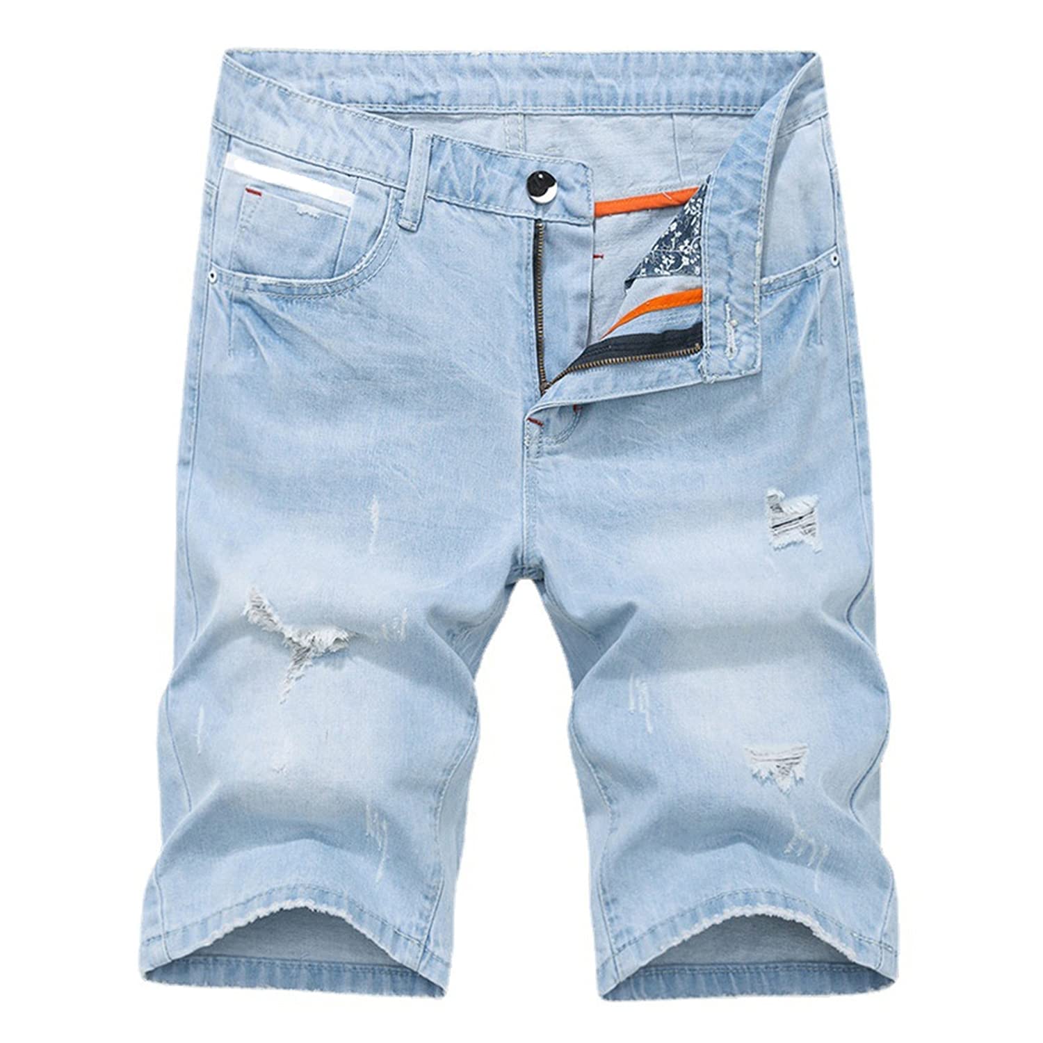 Men's Casual Ripped Denim Shorts - Summer Knee-Length Destroyed Jeans with Holes & Straight Fit | Perfect for Beach, Streetwear & Casual Outings