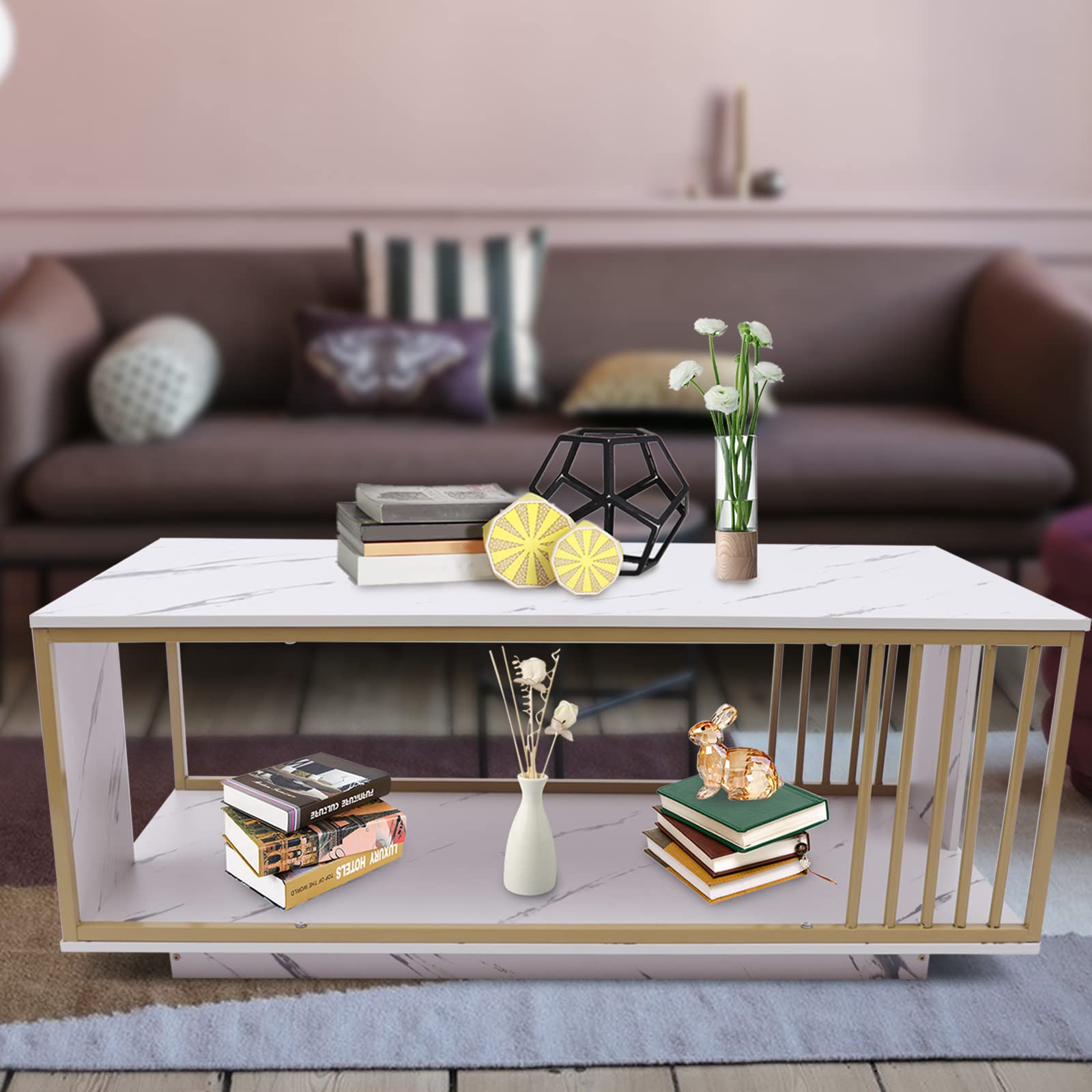 Modern White Faux Marble Coffee Table with Gold Metal Frame - Rectangle Living Room Center Table for Home Decor | Perfect for Small Spaces, Apartments & Contemporary Interiors