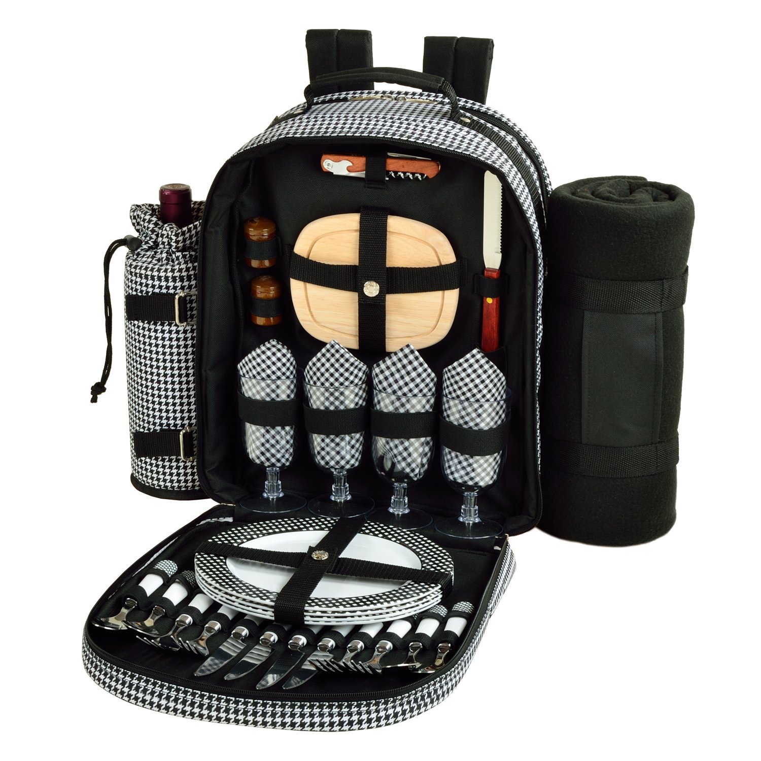 Deluxe 4-Person Picnic Backpack with Cooler, Insulated Wine Holder & Blanket - Houndstooth Design for Outdoor Picnics, Beach Trips & Tailgating Parties