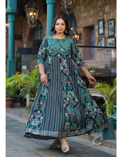 Plus Size Anarkali Black & Seagreen Kurti Dupatta Set of 2 - Elegant Indian Ethnic Wear for Women, Perfect for Weddings, Parties & Festive Occasions