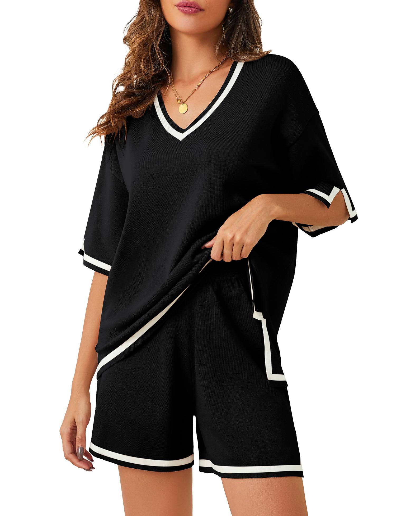 Bloggerlove Women's Lightweight Knit Short Sets - 2 Piece Lounge Outfit, Soft Sweater & Shorts Comfy Set for Casual Wear, Home Relaxing, Travel & Yoga