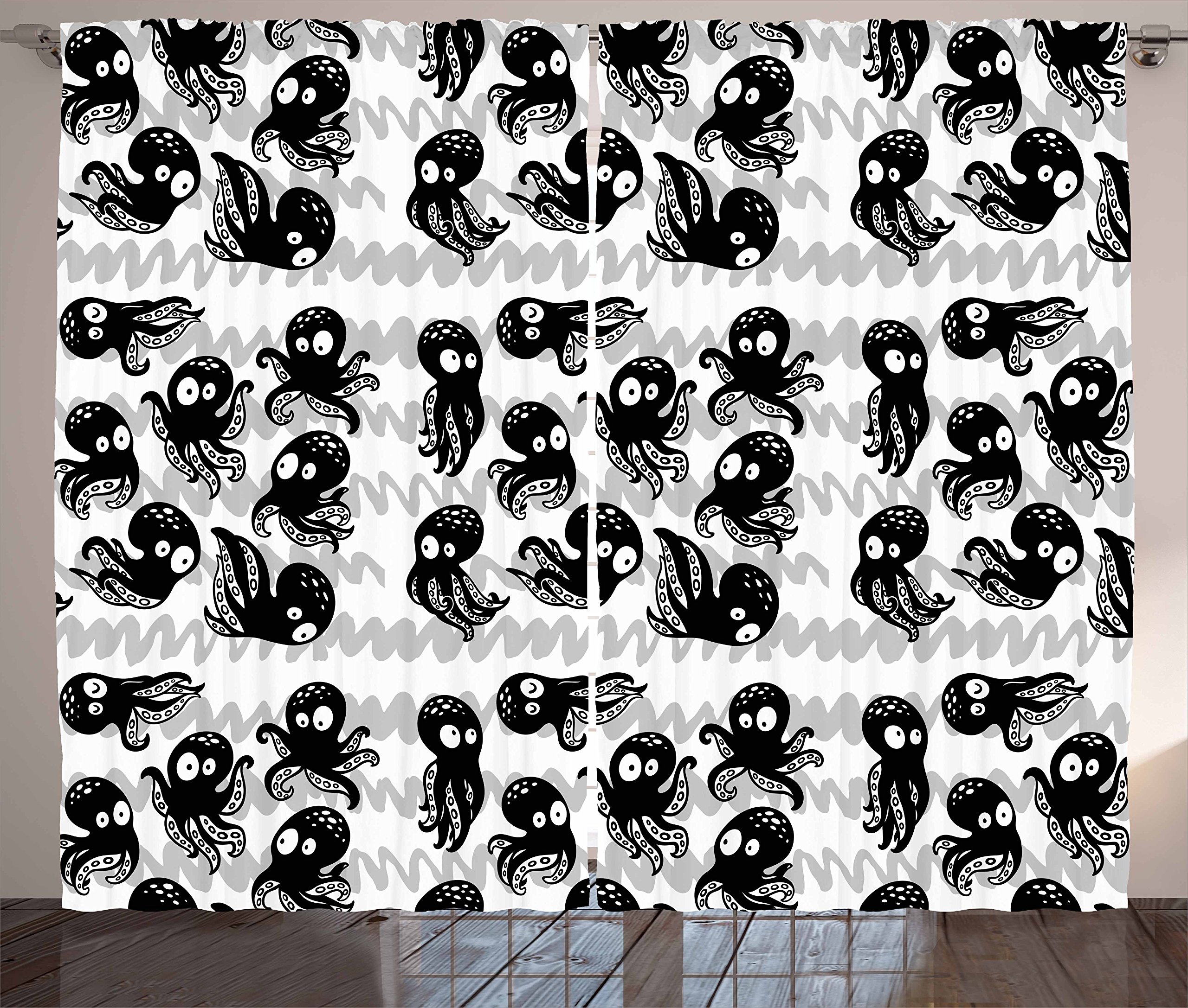 Ambesonne Octopus Print Blackout Curtains - Cartoon Ocean Animal Design with Sleepy & Curious Expressions - 2 Panel Set 108