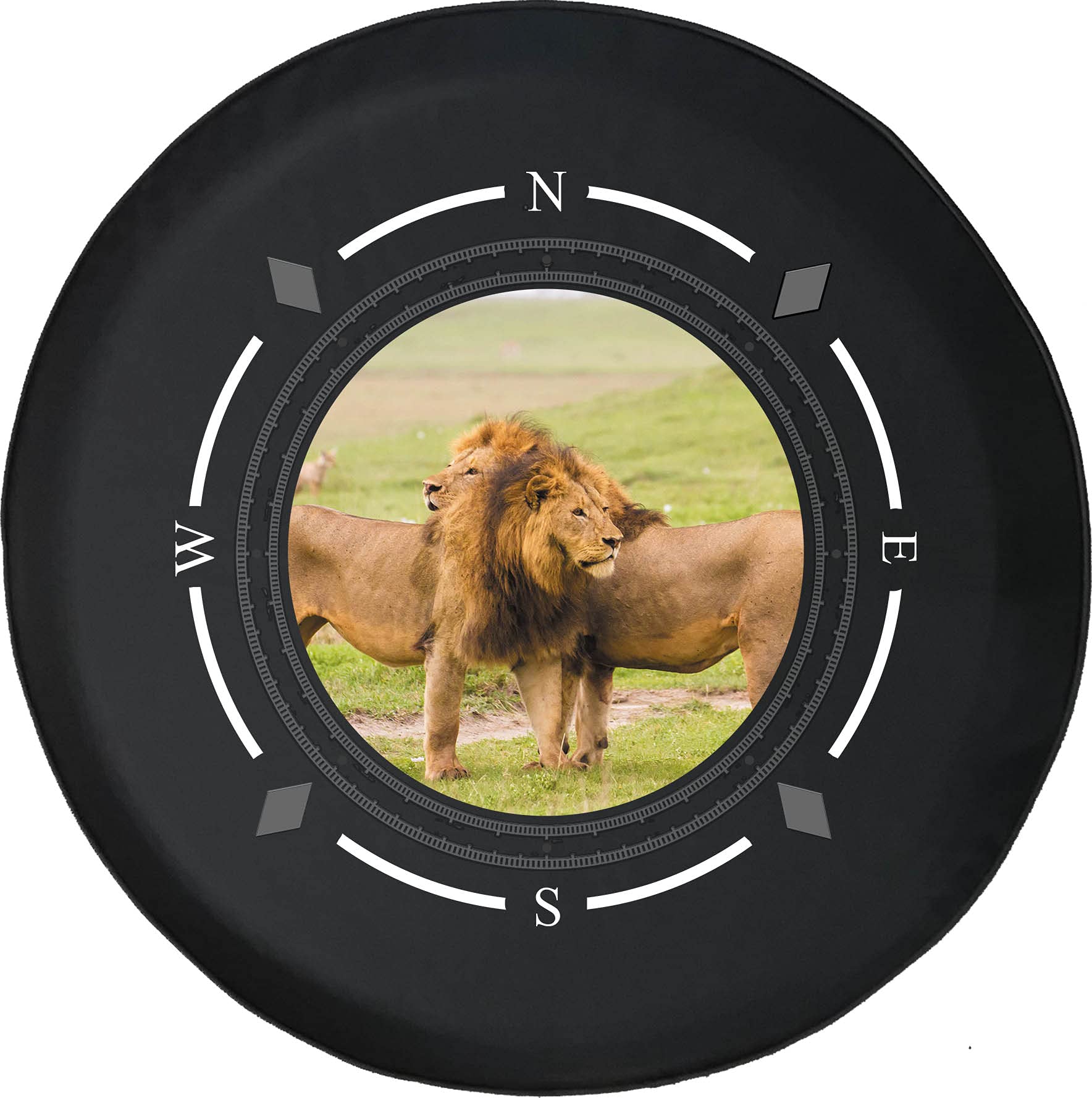 Premium Spare Tire Cover with Compass & African Golden Lions Design - Universal Fit for SUV, Trailer, RV & Most Vehicles - Durable Outdoor Protection for Camping & Road Trips