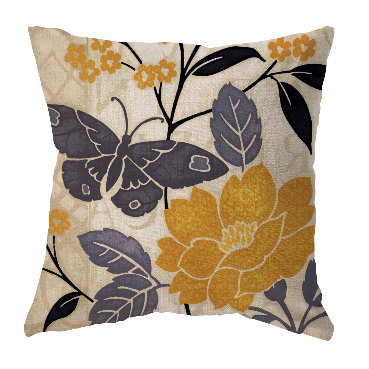 Set of 4 Blue Yellow Grey Floral Throw Pillow Covers 18x18 Inch - Farmhouse Style Cotton Linen Cushion Cases for Sofa, Living Room, Bedroom Decor - Perfect for Home, Gift & Indoor Farmhouse Decor