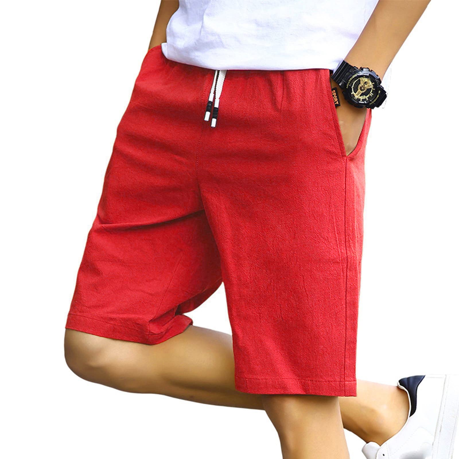 NIUQI Men's Cotton Casual Shorts with Elastic Waist & Drawstring - Breathable Gym Workout Shorts with Slash Pockets - Perfect for Running, Training & Summer Outdoor Activities