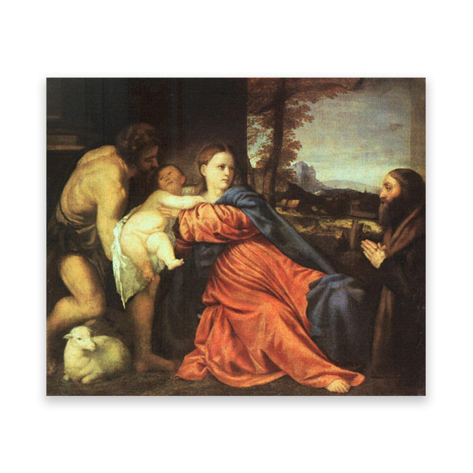 Titian Holy Family and Donor Reproduction - Classic Oil Painting Wall Art Print on Canvas - Wood Framed Ready to Hang 31.5x44.1 inches - Perfect for Living Room, Bedroom & Office Decor