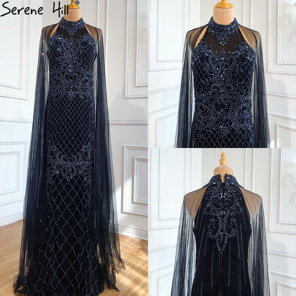 Luxury Navy Blue Mermaid Evening Gown with Train - Elegant Beaded Diamond Dress for Women 2025 | Perfect for Prom, Gala, Wedding & Formal Events - LA70807