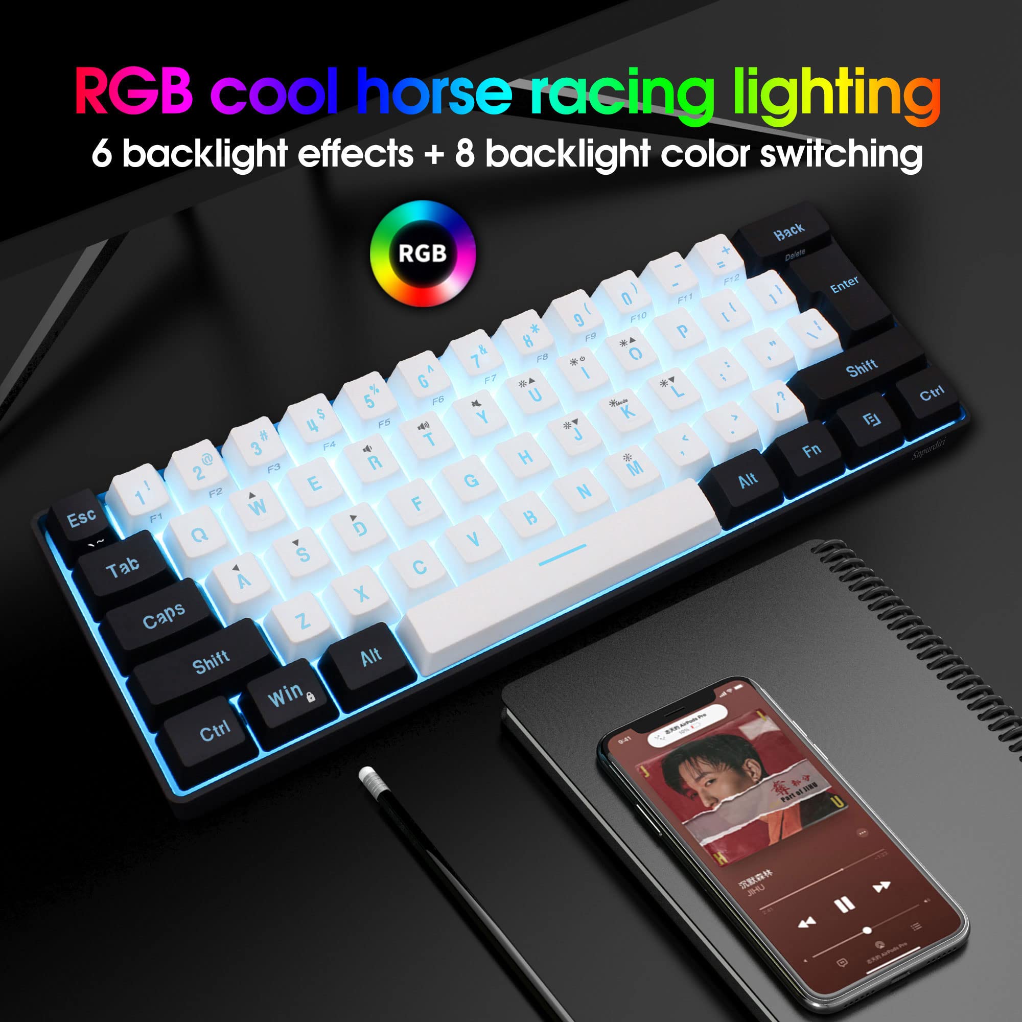 SNPURDIRI 60% Wired Mechanical Gaming Keyboard - 61 Key RGB Backlit Ultra-Compact Keyboard for PC & Mac Gamers, Typists & Office Work | Portable Travel Keyboard for Business Trips & Small Spaces (Black-White) | Perfect for Esports, Coding & Home Office Setup