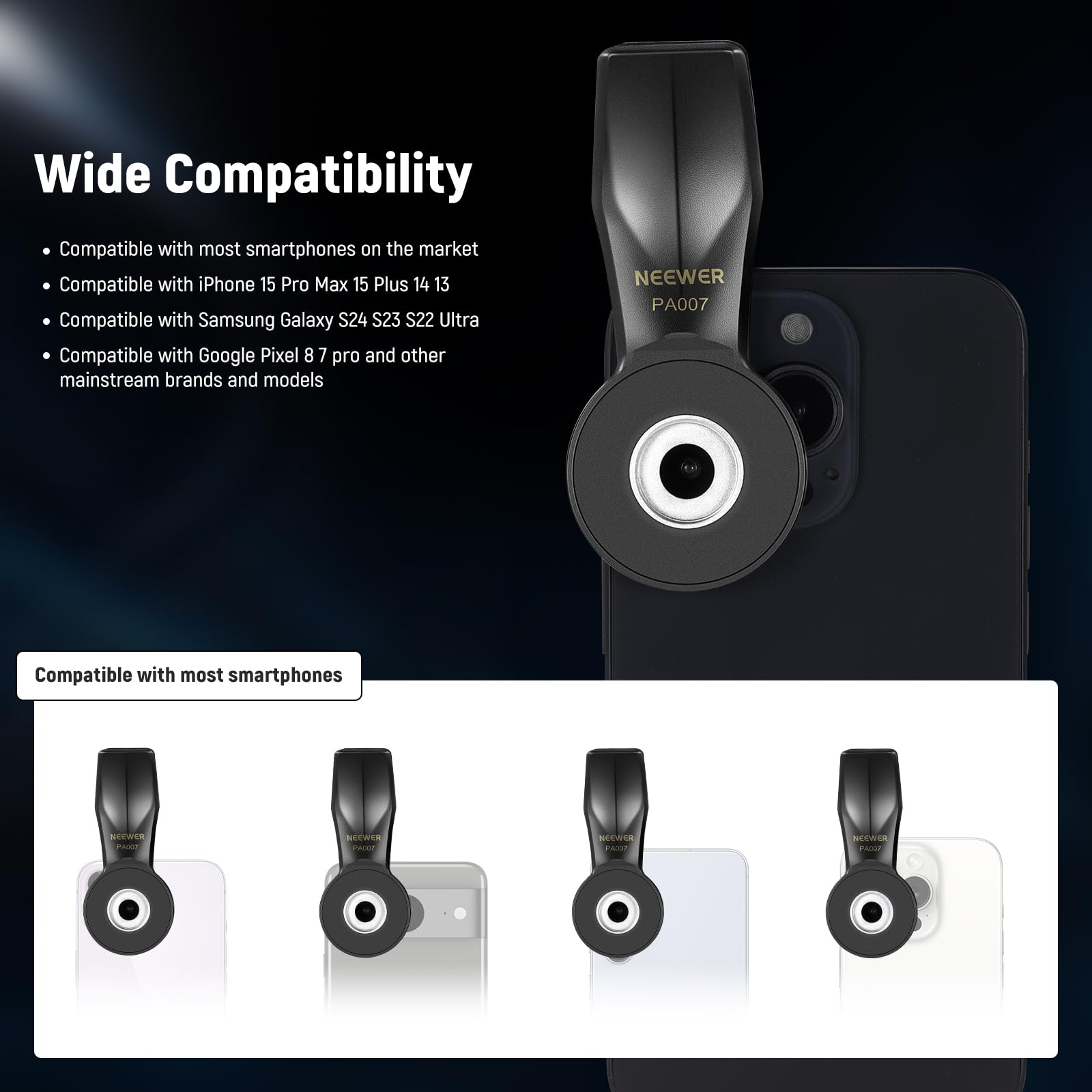 NEEWER Universal Phone Clamp with 17mm Thread - Professional Telephoto Lens Adapter for iPhone 15 Pro Max/Plus, Galaxy S24/S23 Ultra, Pixel | Smartphone Photography Accessories | Perfect for Vlogging, Travel & Close-Up Shots