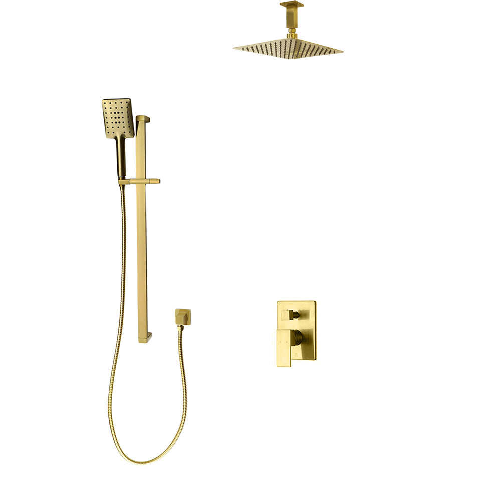 KODAEN F54123BG Two-Way Pressure Balance Square Brushed Gold Shower Set - Modern Bathroom Faucet for Luxury Spa Experience