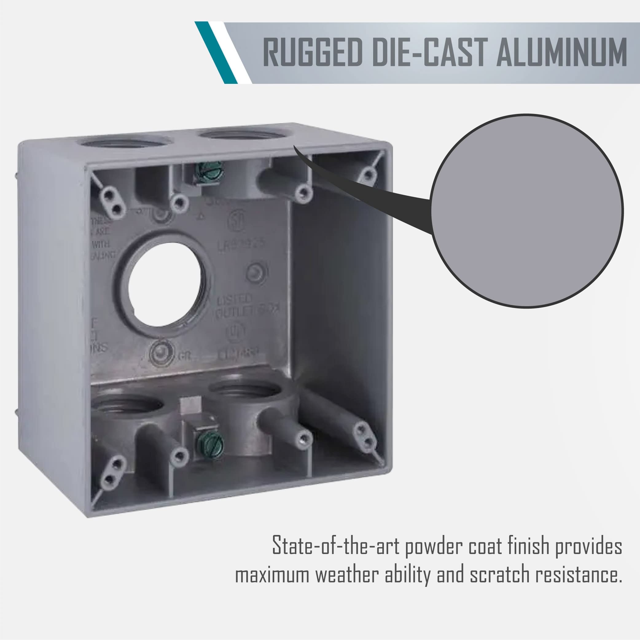 TayMac 5388-0 2-Gang Weatherproof Deep Electrical Box with Five 3/4-in. Threaded Outlets (Gray) - Outdoor Junction Box for Outlet, Switch & GFCI - Ideal for Patio, Garden & Pool Area Wiring