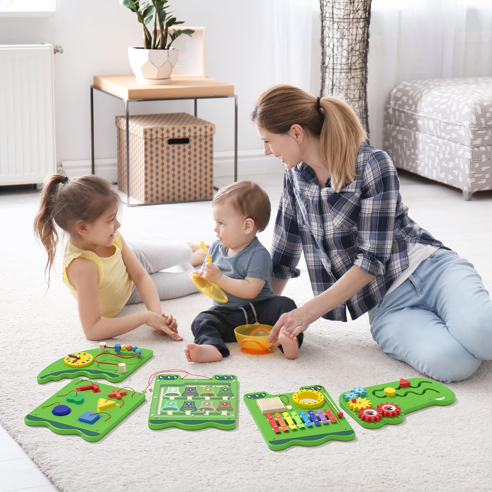 **Crocodile Sensory Toys Activity Wall Panels - Montessori Busy Board for Toddlers 18+ Months, Wooden Learning & Interactive Toys for Fine Motor Skills - Sensory Wall & Activity Cube for Daycare, Preschool, Home Play (Green)**